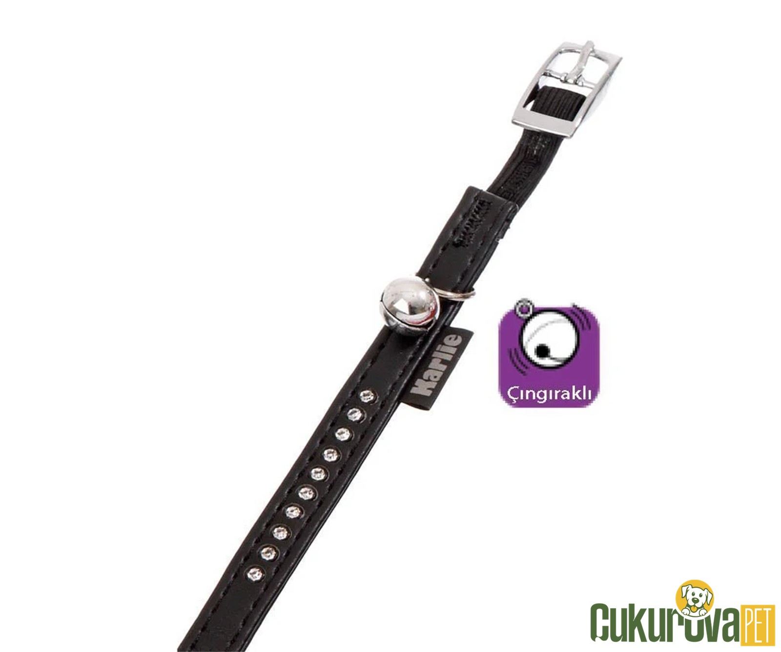 Karlie Kedi Tasması Siyah Deri Taşlı XS 30 Cm - 11 Mm Siyah