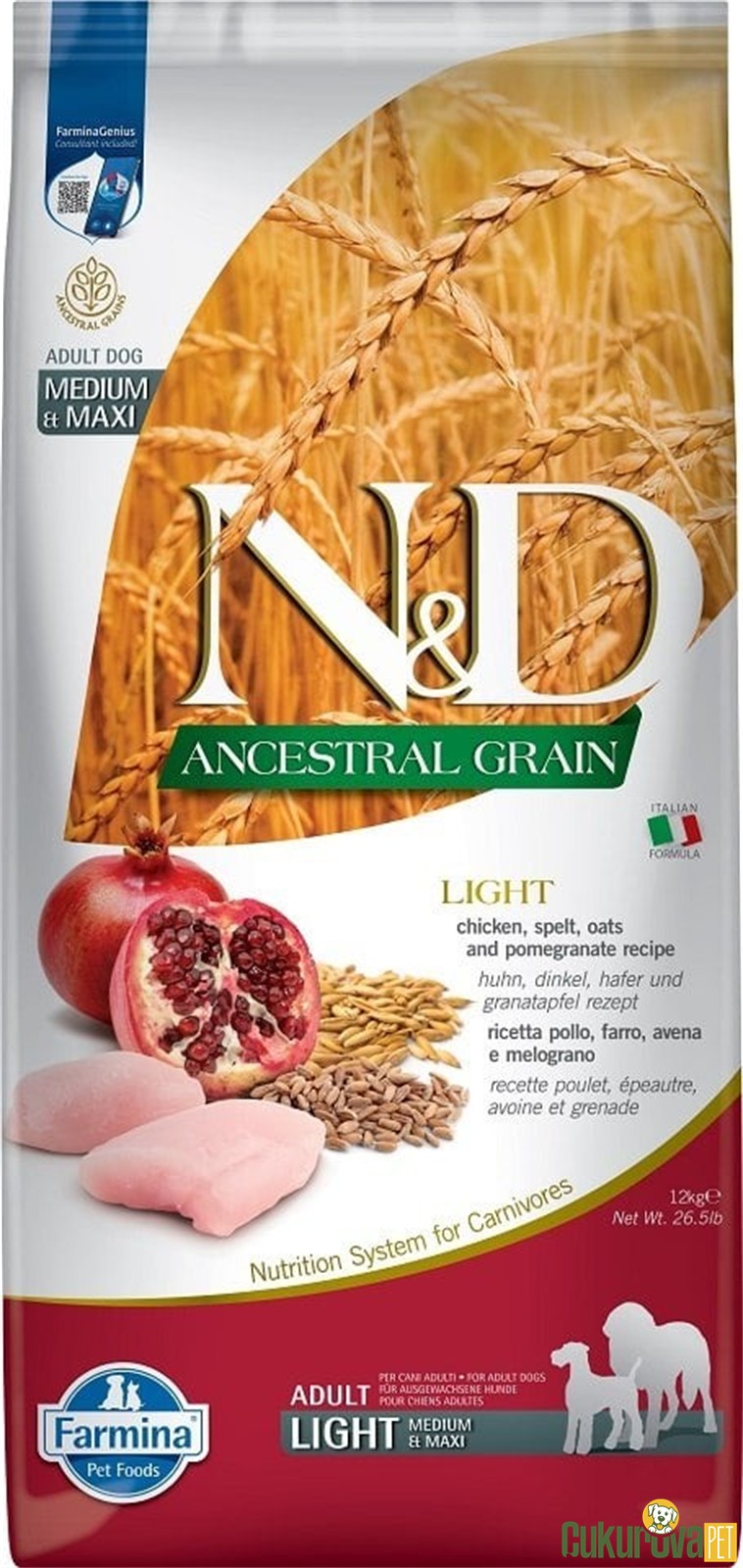 N&D Adult Light Medium & Maxi Tavuklu Ve Narlı Diyet Köpek Maması 12 Kg
