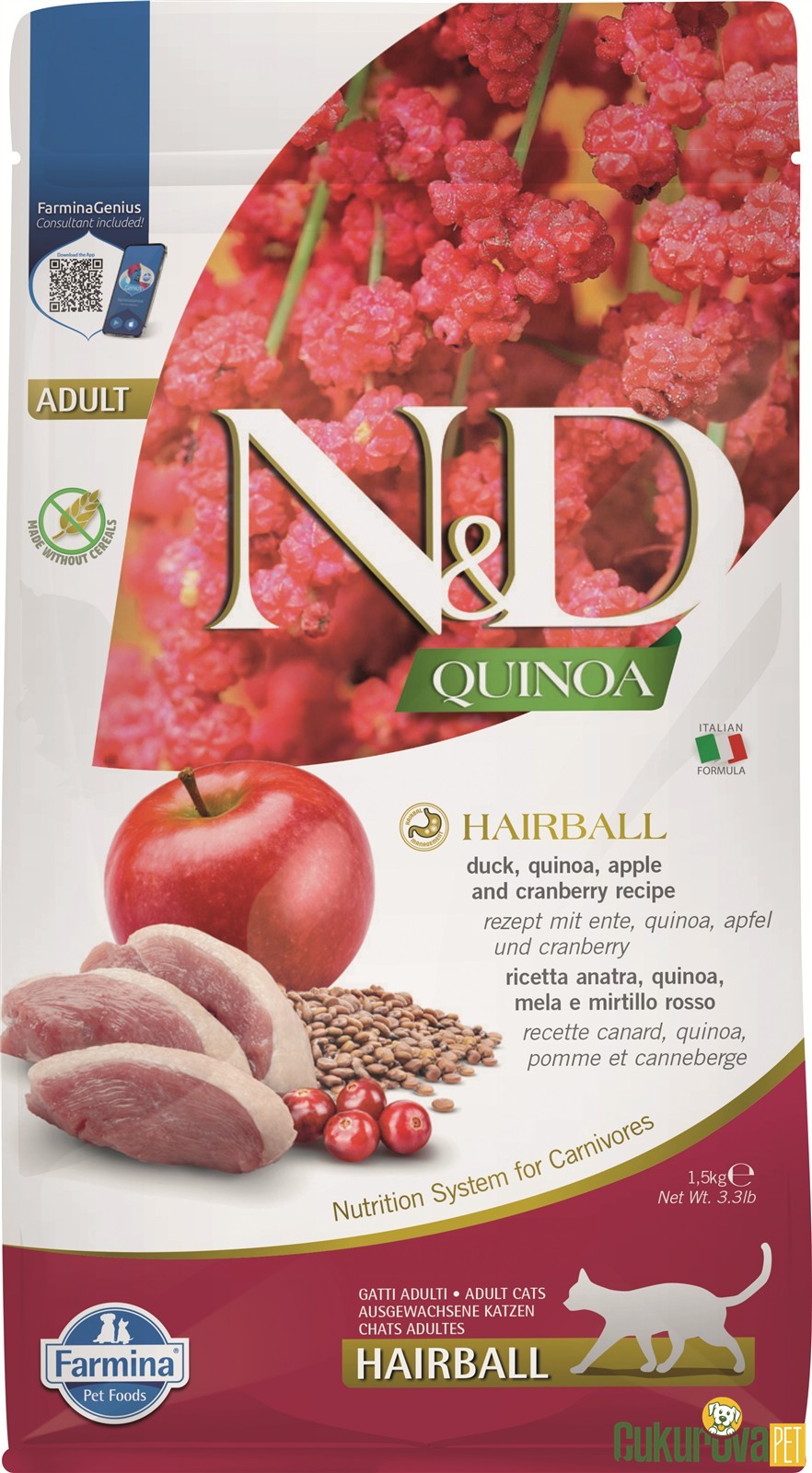 N&D Quinoa Hairball Ördekli Elmalı Ve Kızılcıklı Yetişkin Kedi Maması 1.5 Kg