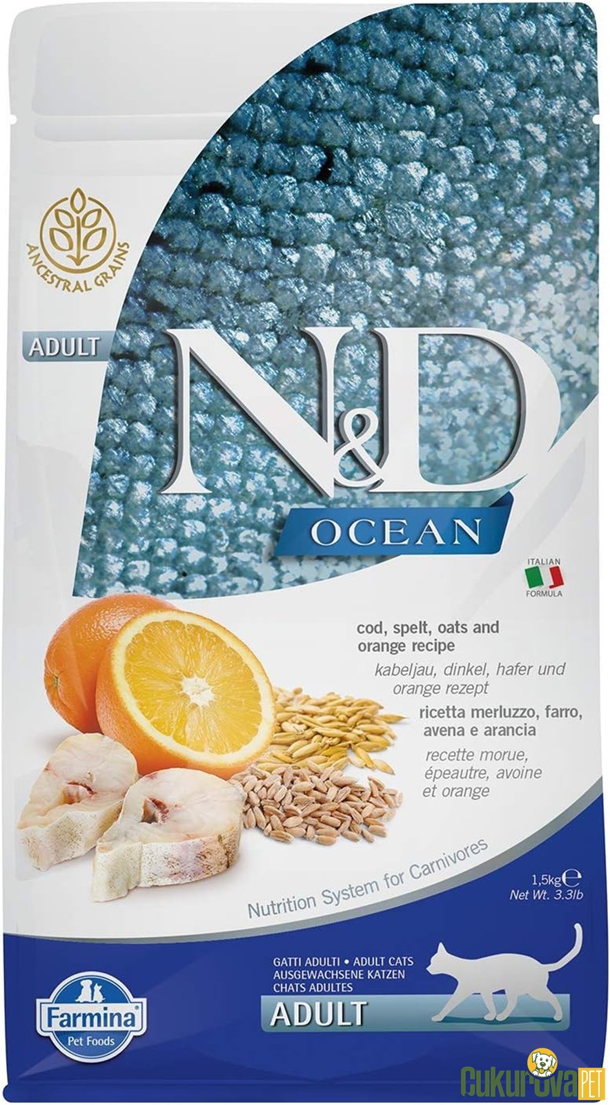 N&D Ocean Adult Morina Balıklı Ve Portakallı Yetişkin Kedi Maması 1.5 Kg