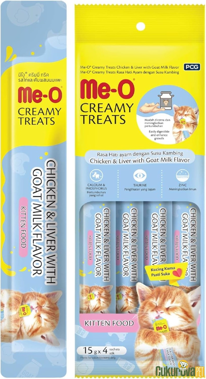 Me-O Creamy Treats Kitten Tavuklu, Tavuk Ciğerli ve Keçi Sütlü Kedi̇ Ödül Kreması 4 x 15 Gr