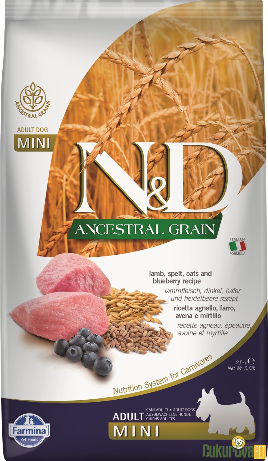 N&D Ancestral Grain Adult Mini Kuzu Etli Ve Yaban Mersinli Yetişki̇n Köpek Maması 2.5 Kg