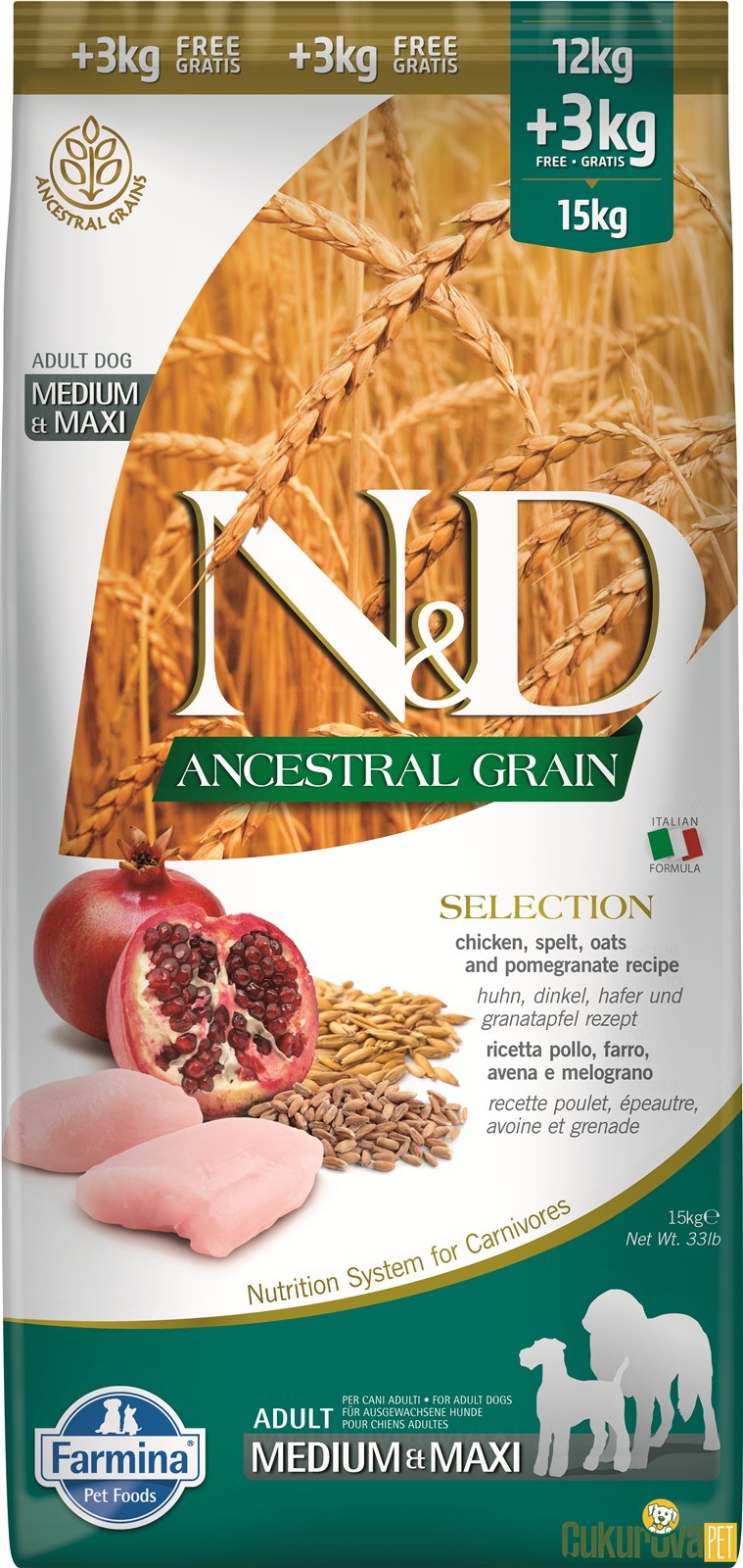 N&D Ancestral Grain Adult Medium & Maxi Tavuklu Ve Narlı Yetişkin Köpek Maması 15 Kg