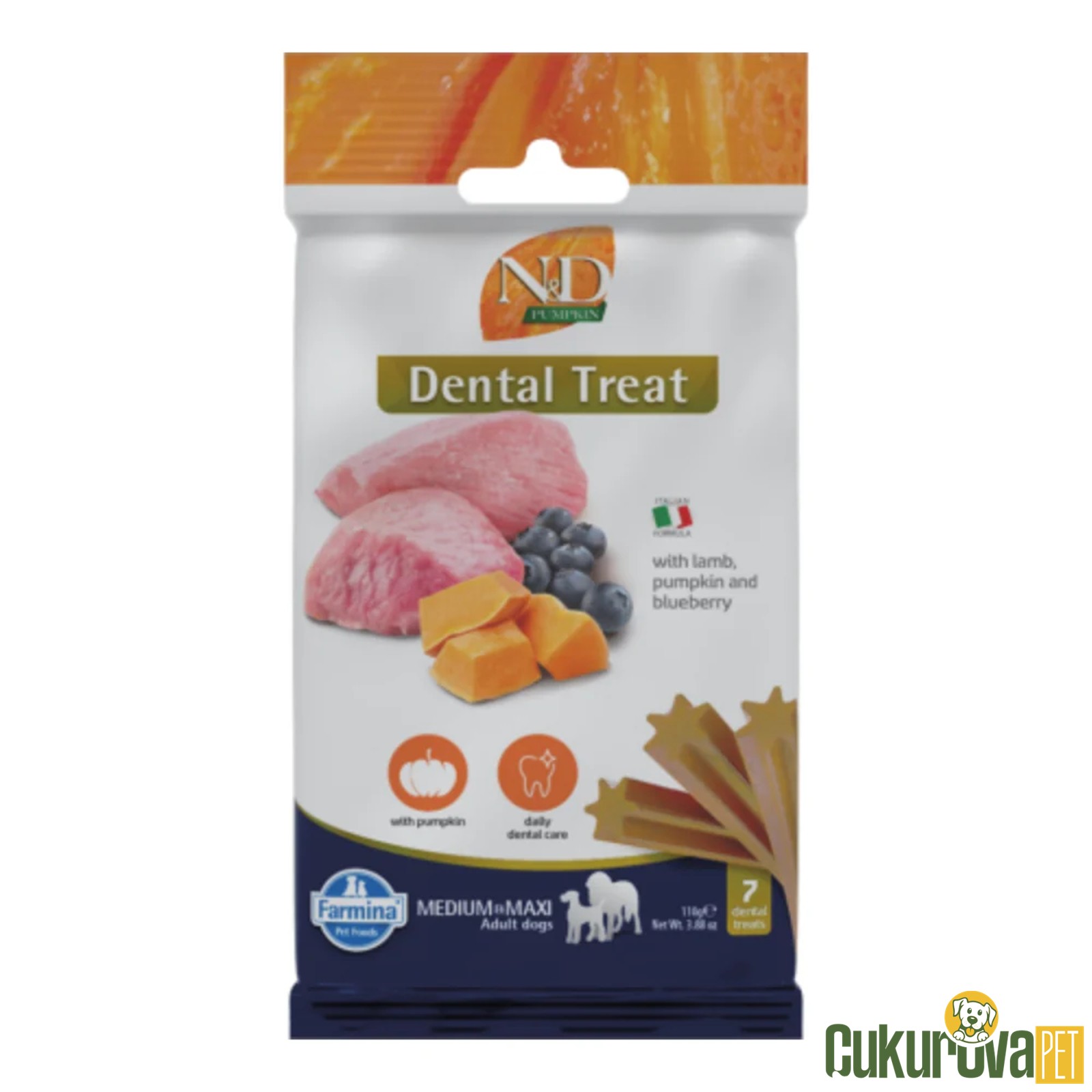 N&D Pumpkin Dental Treat Kuzulu ve Yaban Mersinli Köpek Ödül Çubuğu 100 Gr - 7 Adet