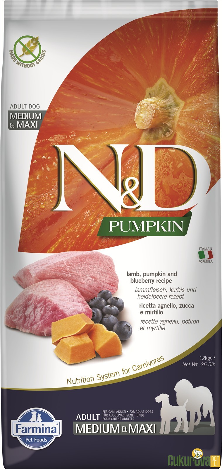 N&D Pumpkin Adult Medium & Maxi Kuzu Etli Yaban Mersinli Ve Balkabaklı Yetişkin Köpek Maması 12 Kg