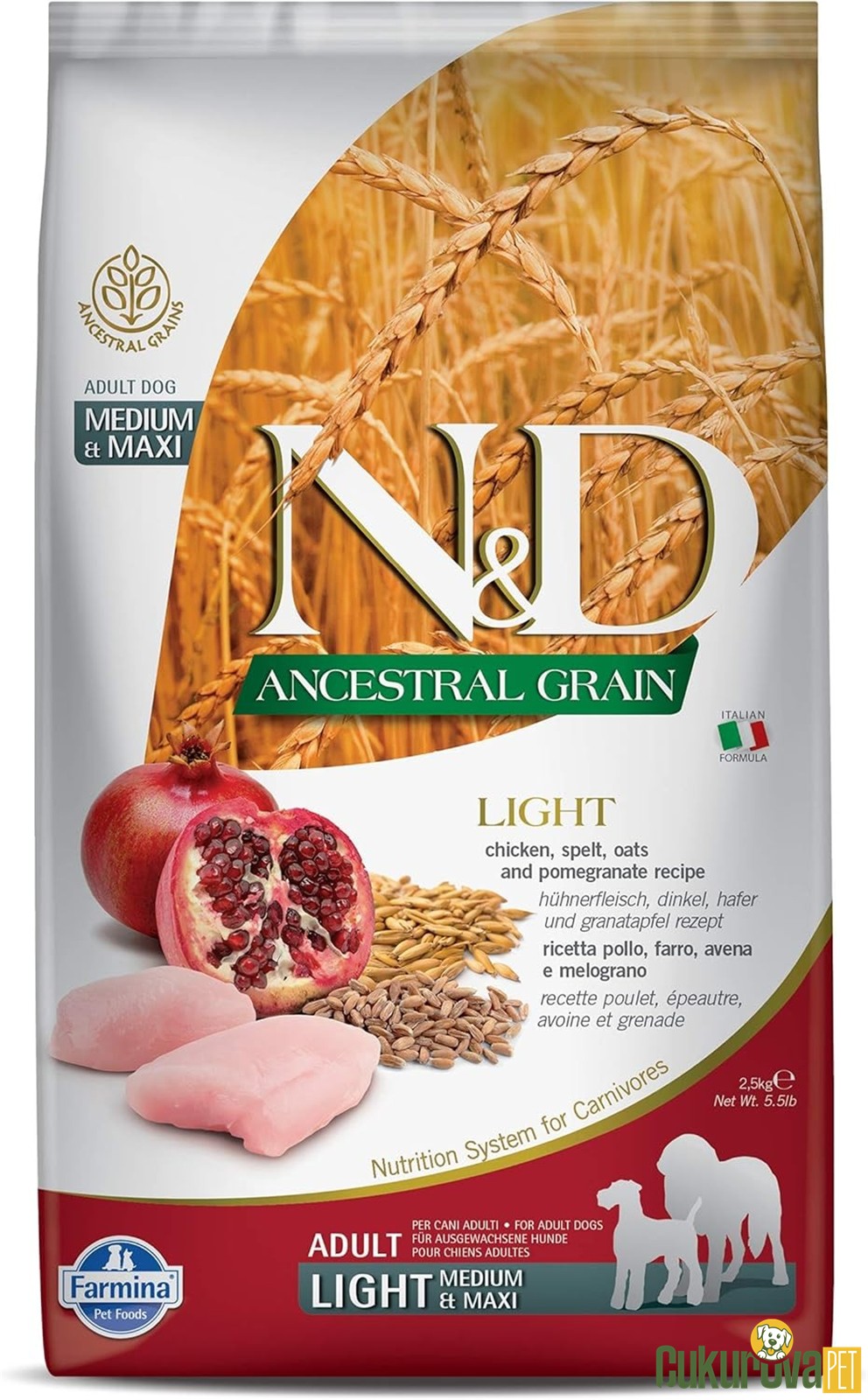 N&D Ancestral Grain Adult Light Medium & Maxi Tavuklu Ve Narlı Diyet Köpek Maması 2.5 Kg