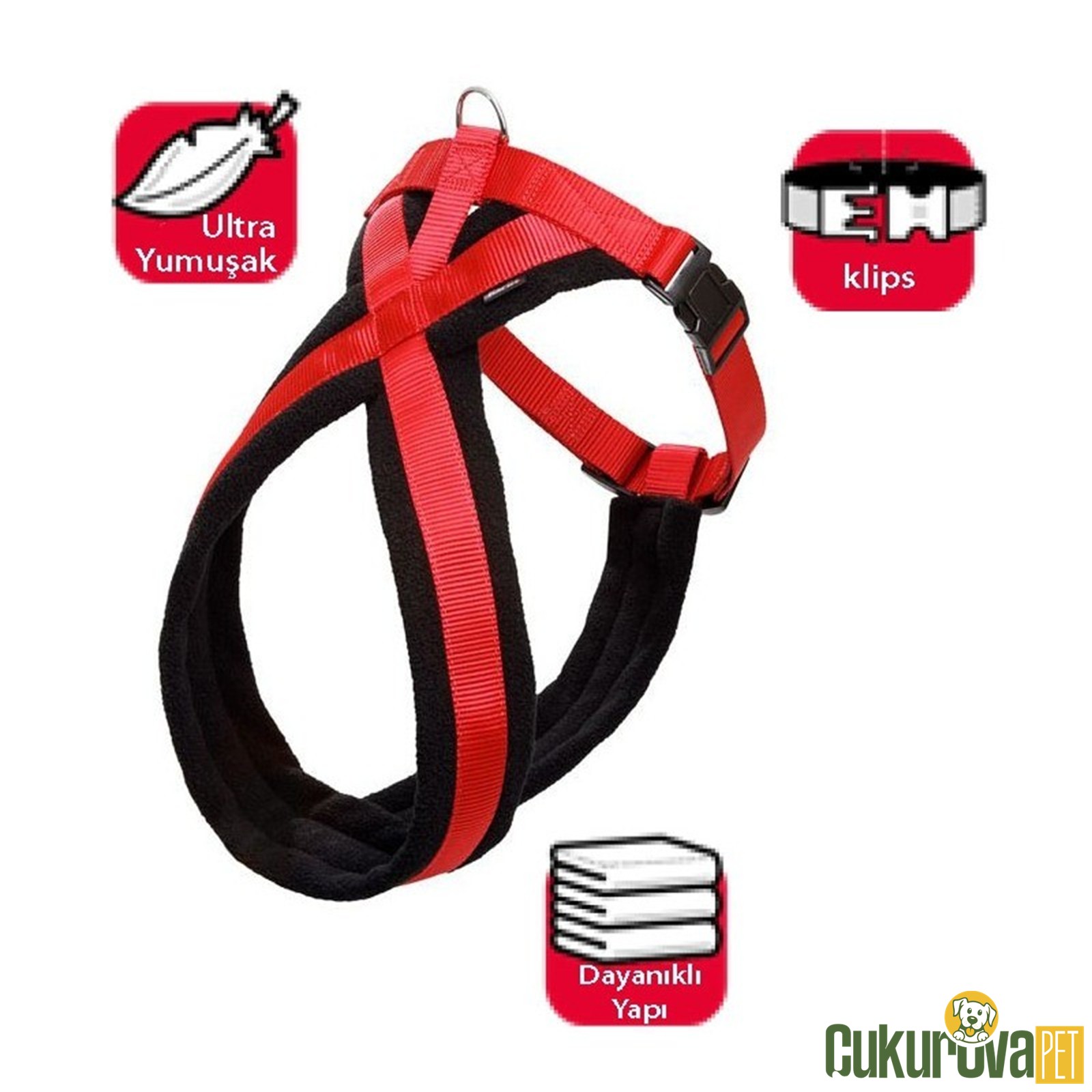 Karlie Yumuşak Köpek Göğüs Tasması Siyah - Kırmızı - 52 - 60 Cm