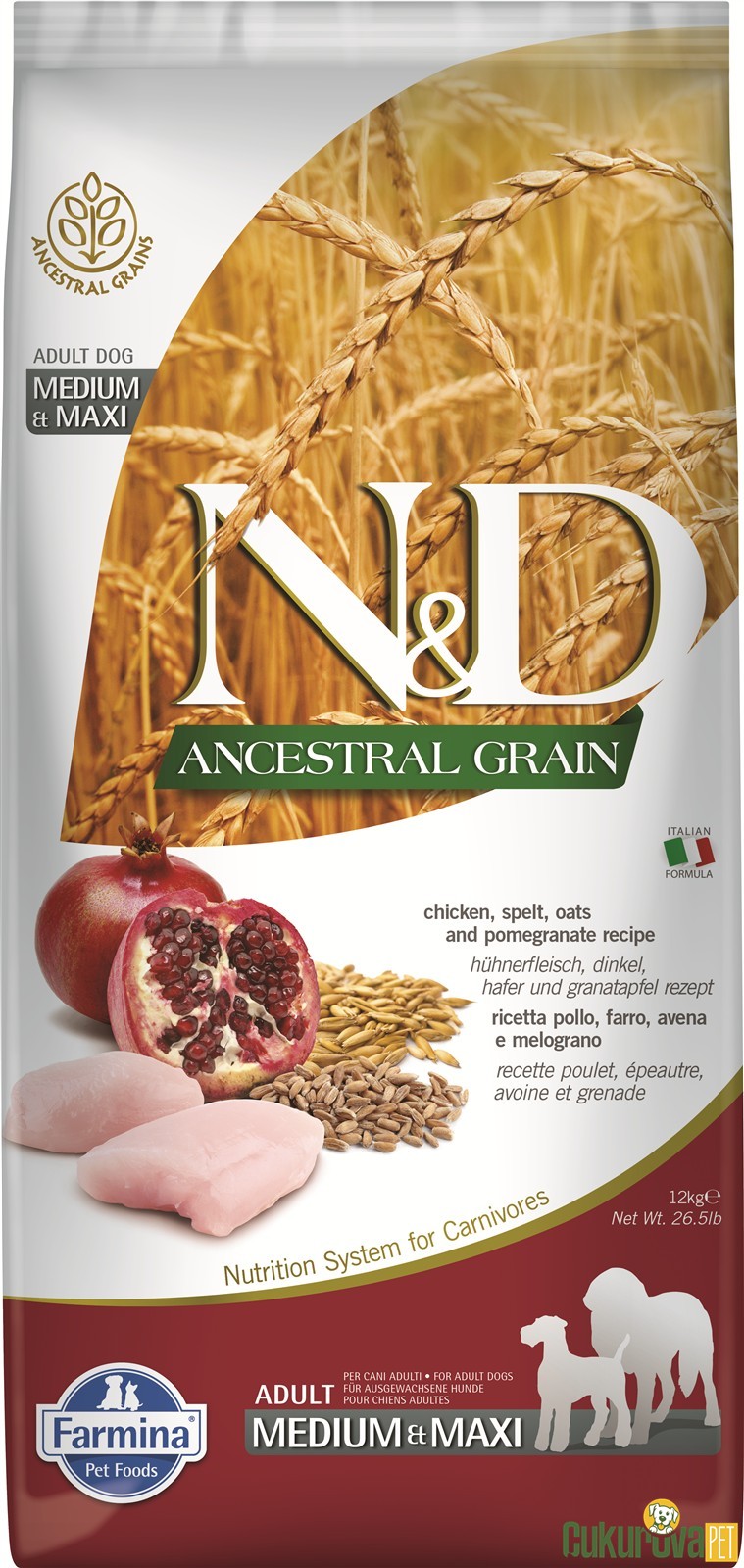 N&D Ancestral Grain Adult Medium&Maxi Tavuklu Ve Narlı Yetişkin Köpek Maması 12 Kg