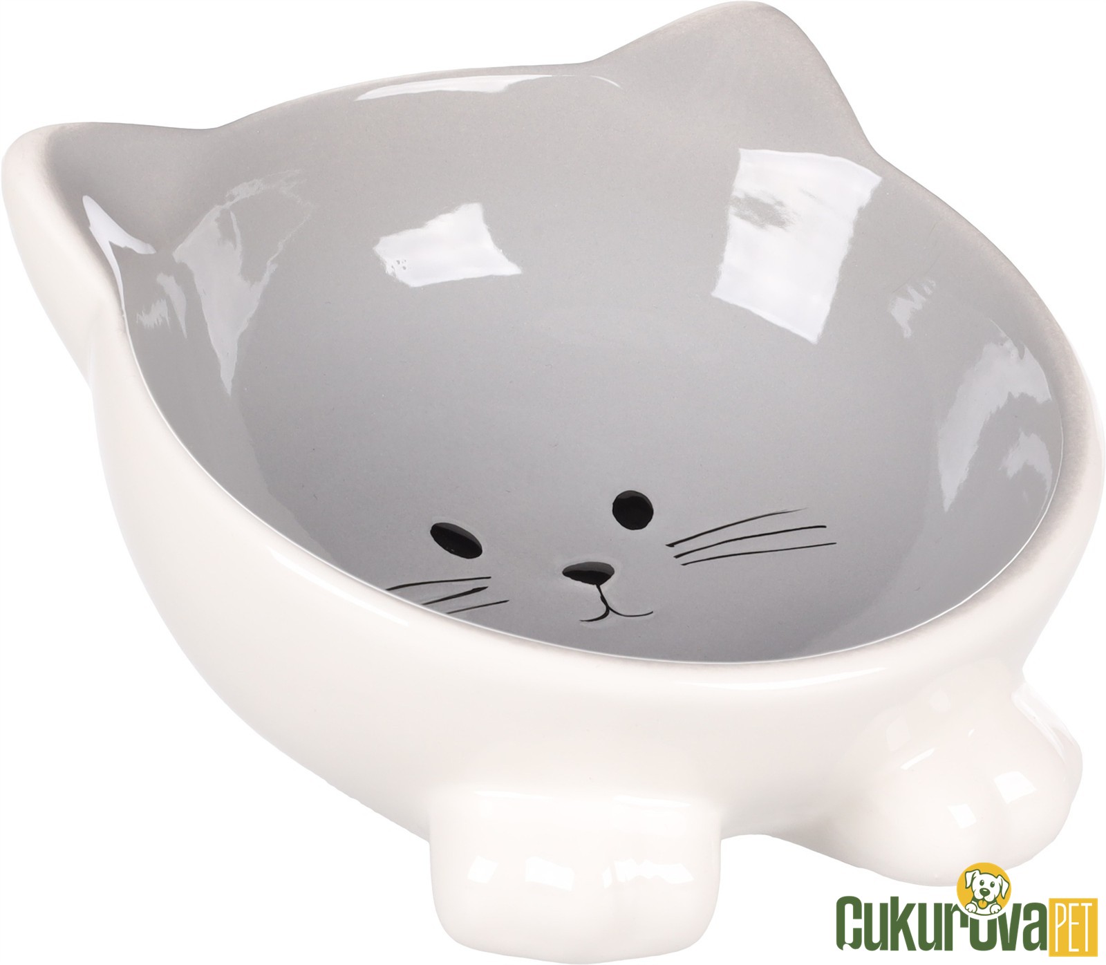 Flamingo Puzi Kedi Desenli Kedi & Köpek Seramik Mama Ve Su Kabı Beyaz & Gri - 125 Ml