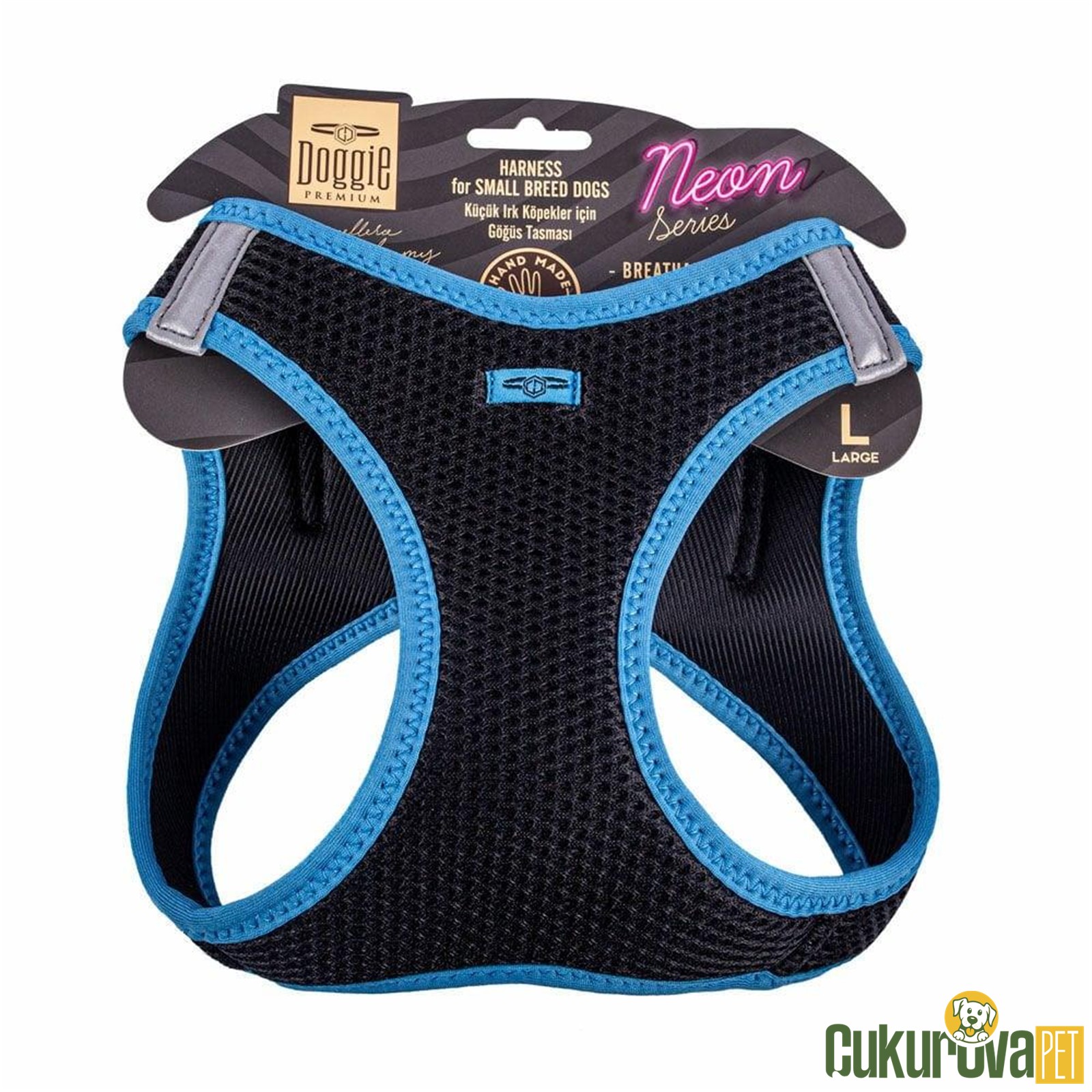 Doggie Havalı Dokumadan Neon Serisi El Yapimi Küçük Irk Köpek Göğüs Tasması L 42 - 48 Cm - Mavi