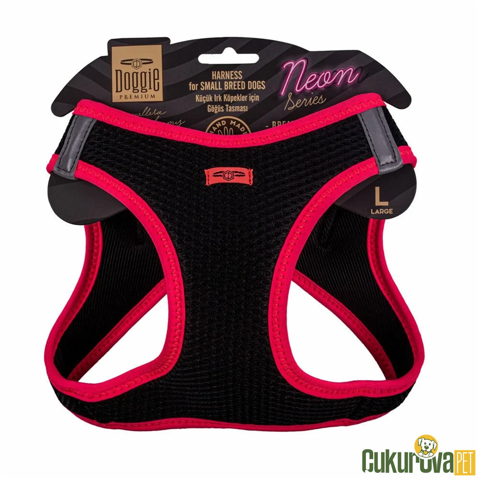 Doggie Havali Dokumadan Neon Serisi El Yapımı Küçük Irk Köpek Göğüs Tasması L 42 - 48 Cm - Pembe