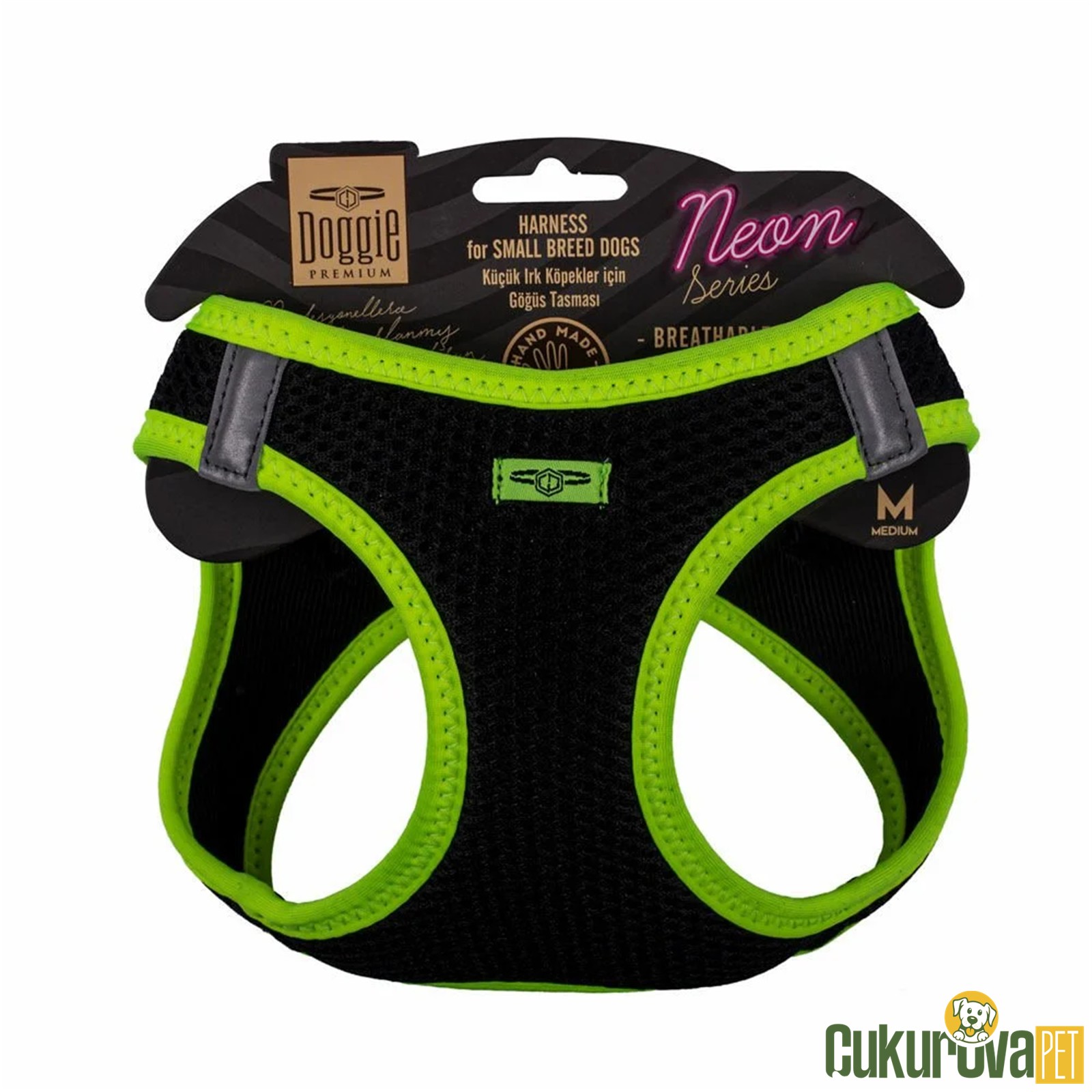 Doggie Havalı Dokumadan Neon Serisi El Yapimi Küçük Irk Köpek Göğüs Tasması M 38 - 44 Cm - Sari