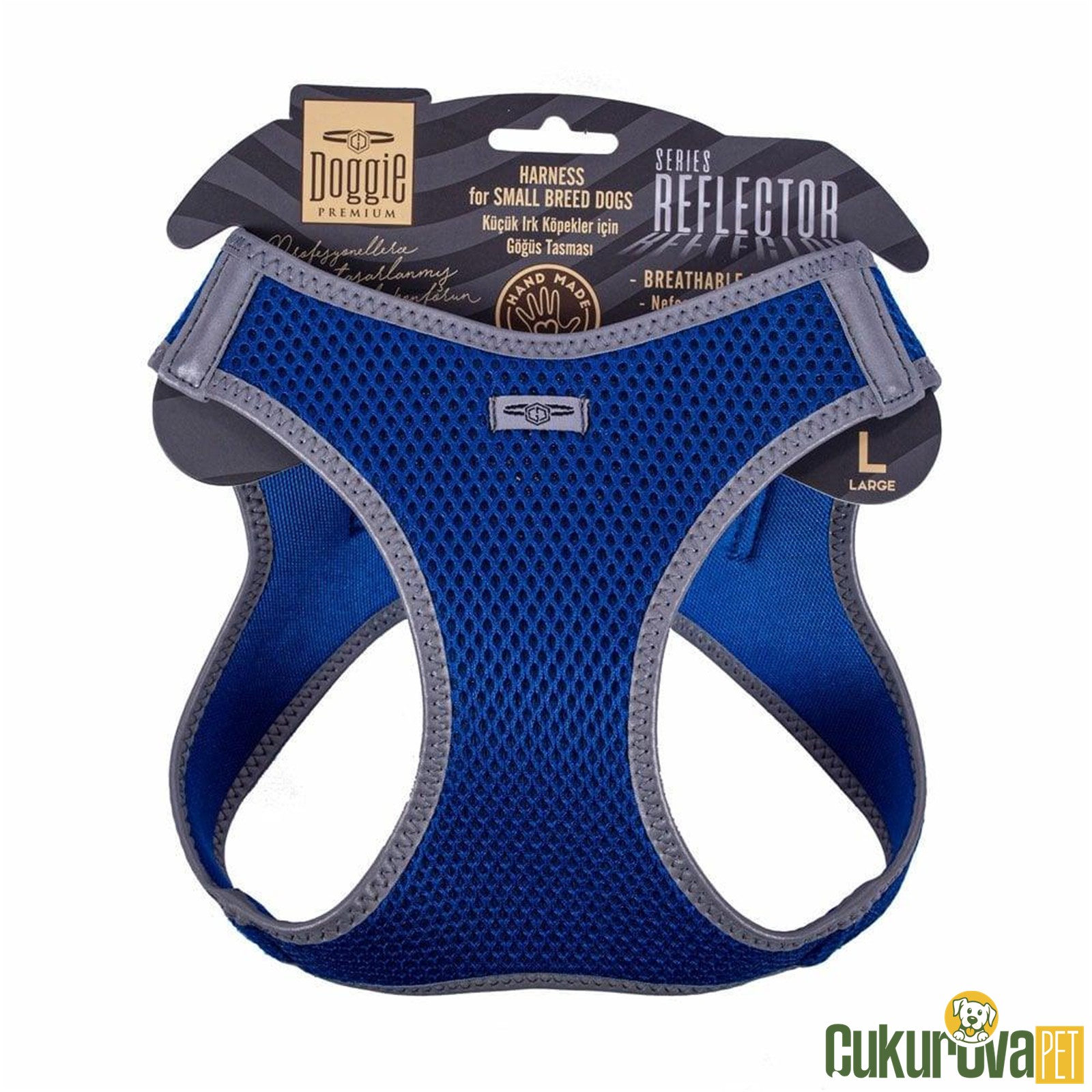 Doggie Havalı Dokumadan Reflektör Serisi El Yapımı Küçük Irk Köpek Göğüs Tasması L 42 - 48 Cm - Mavi