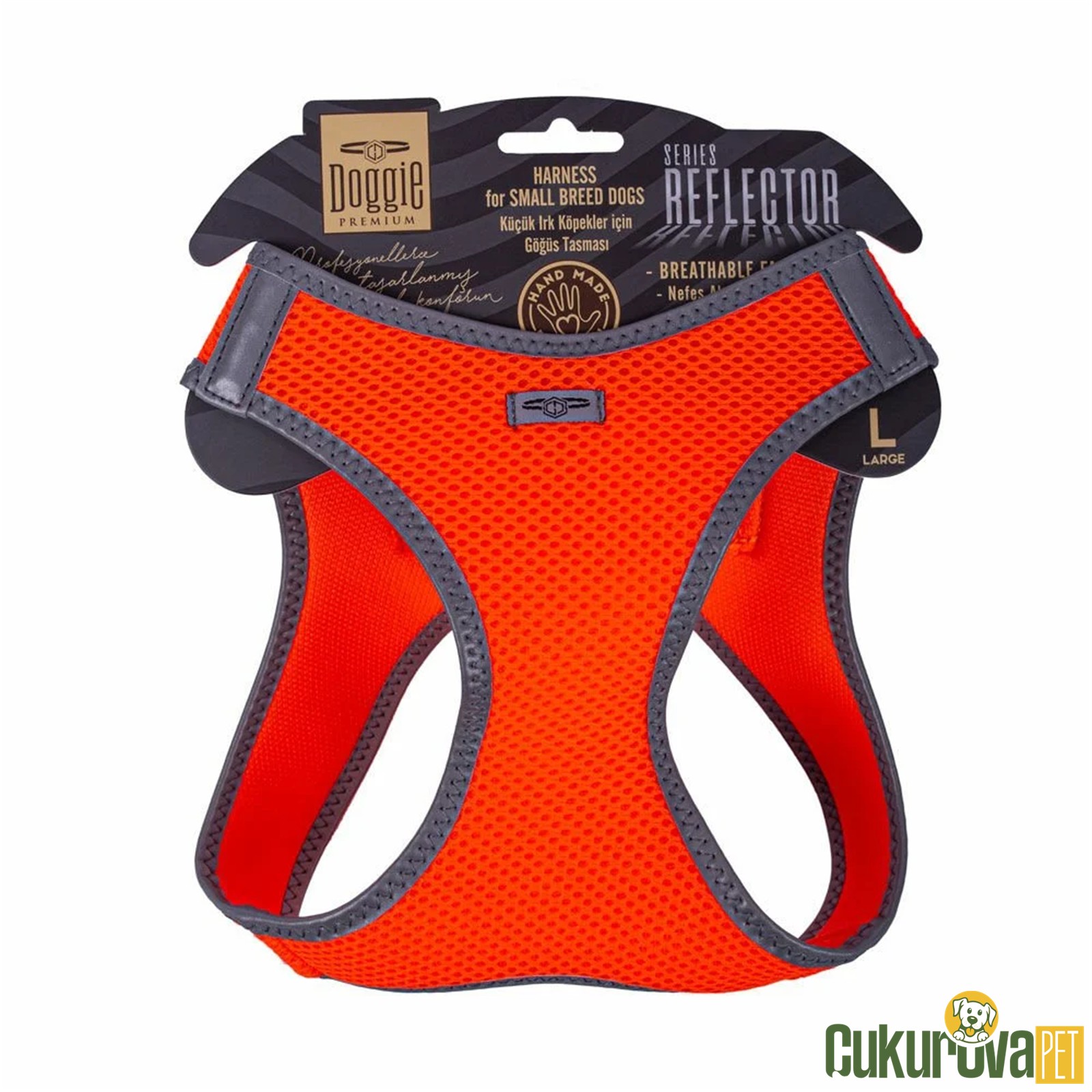 Doggie Havalı Dokumadan Reflektör Serisi El Yapımı Küçük Irk Köpek Göğüs Tasması L 42 - 48 Cm - Turuncu