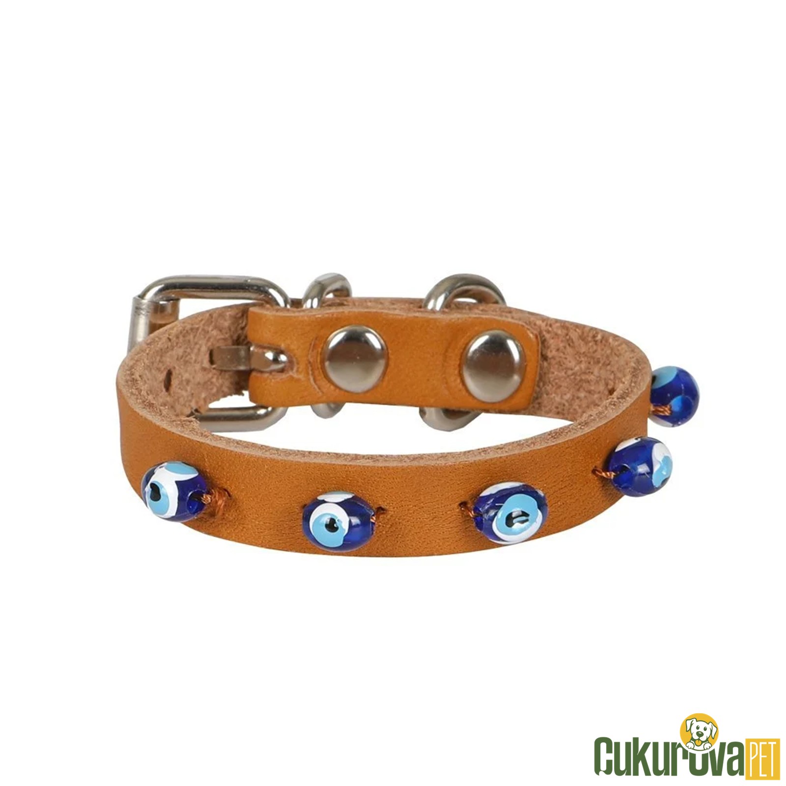 Cattie Gerçek Deriden El Yapımı Boncuklu Kedi Boyun Tasması Xs - 1 Mm x 14 - 18 Cm - Kamel