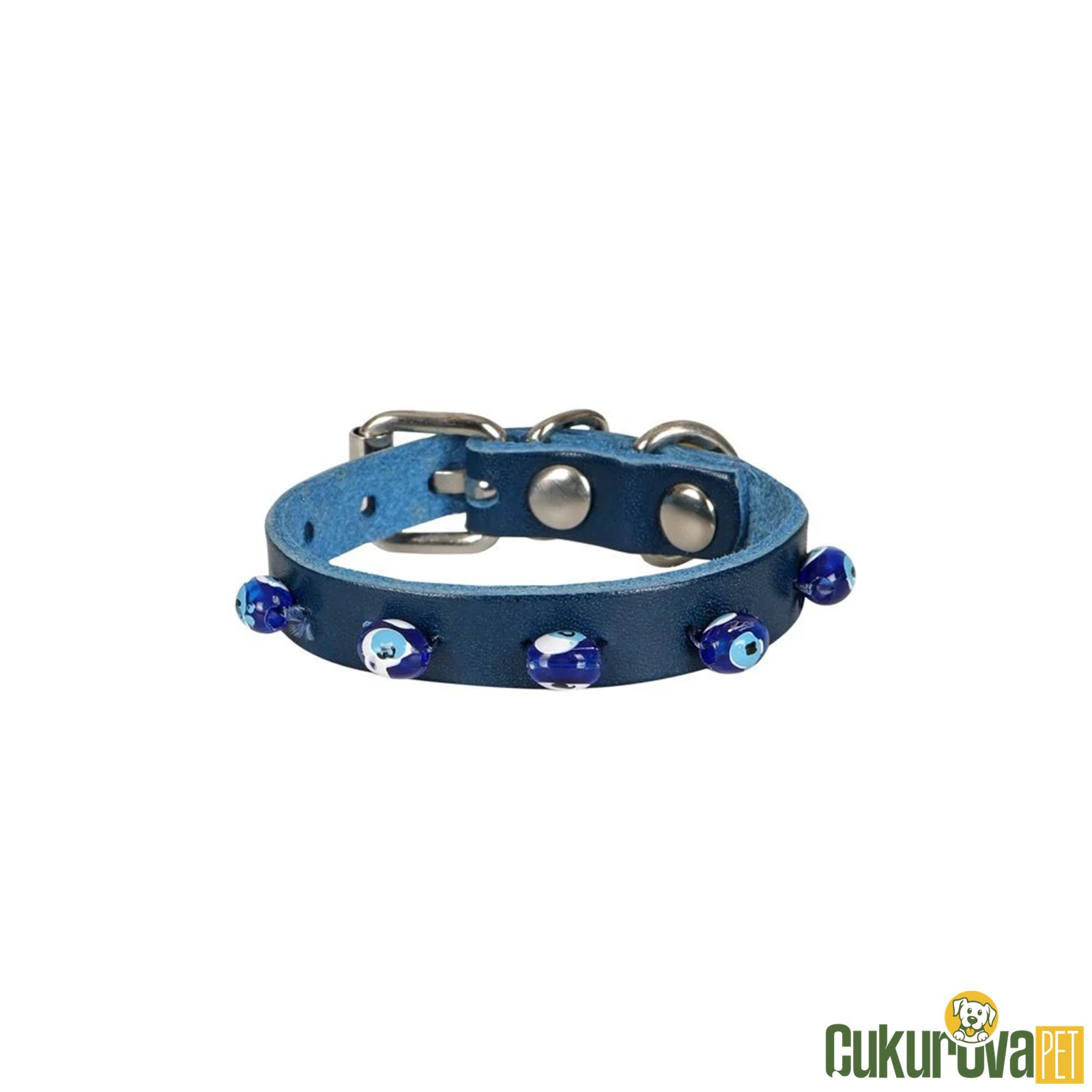 Cattie Gerçek Deri̇den El Yapımı Boncuklu Kedi̇ Boyun Tasması Xs - 1 Mm x 14 - 18 Cm - Royal Mavi̇