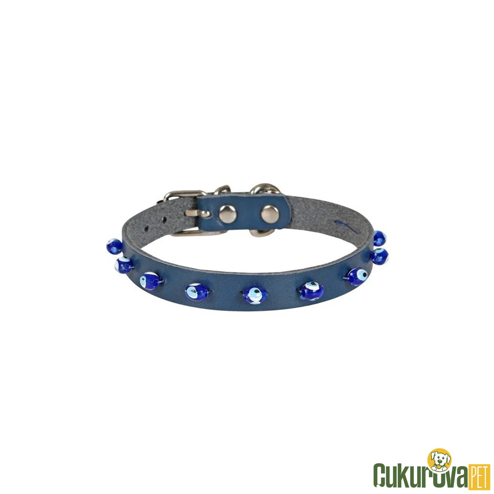 Cattie Gerçek Deri̇den El Yapımı Boncuklu Kedi̇ Boyun Tasması M - 1 Mm x 21 - 25 Cm - Royal Mavi̇