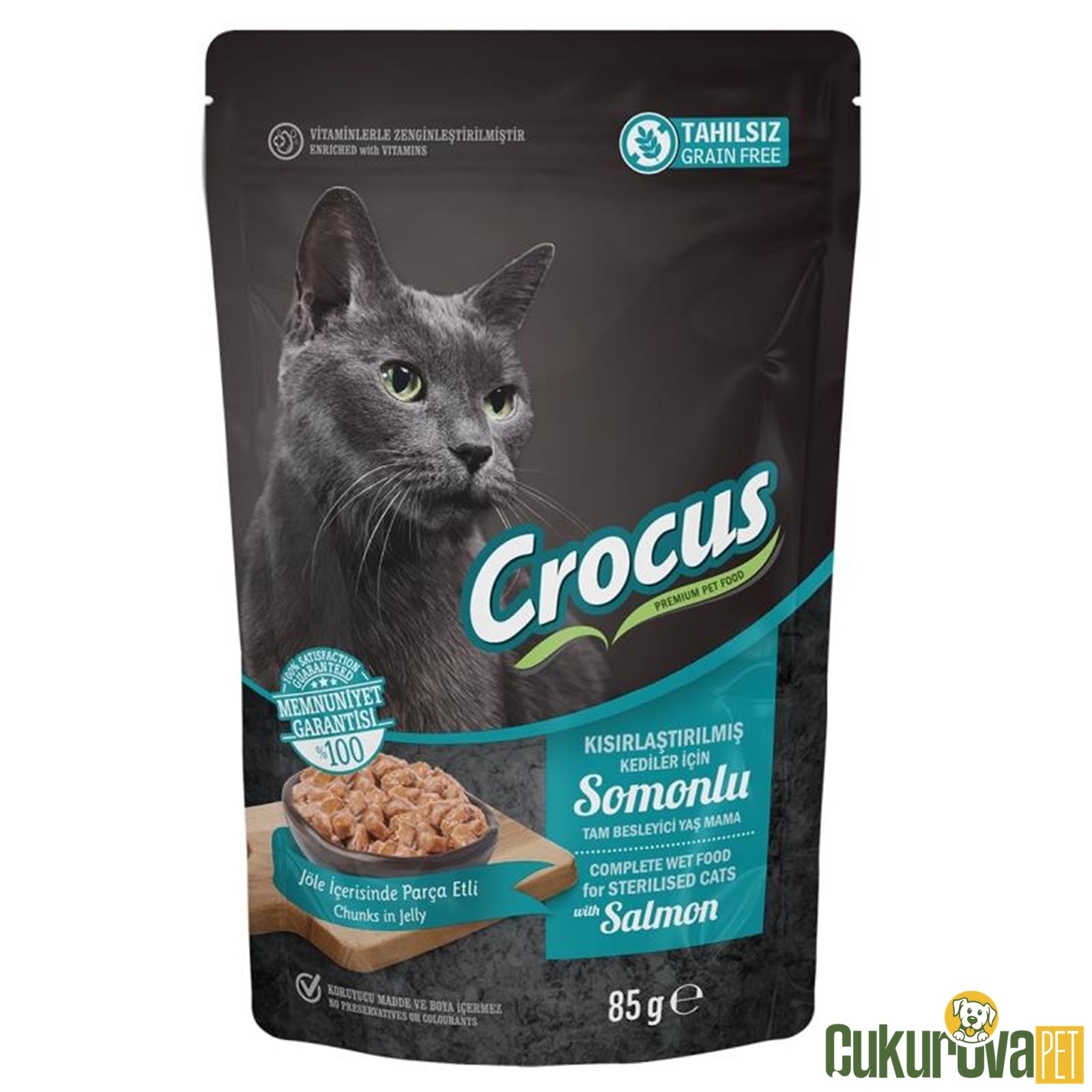 Crocus Jöle İçinde Somonlu Tahılsız Kısırlaştırılmış Kedi Yaş Maması 85 Gr