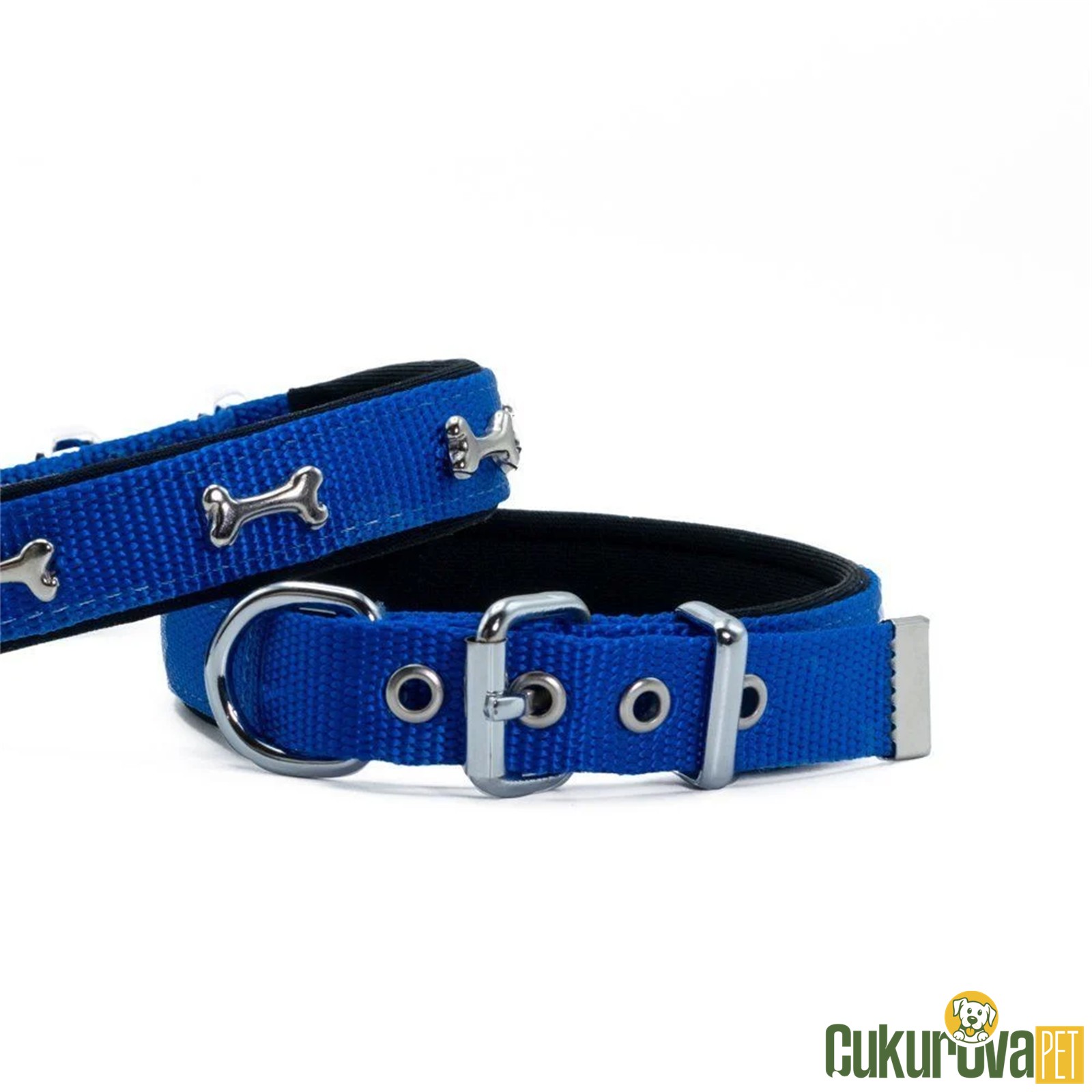 Doggie Konforlu Dokumadan El Yapımı Kemi̇k Süslü Köpek Boyun Tasması 2 x 35 - 40 Cm - Royal Blue