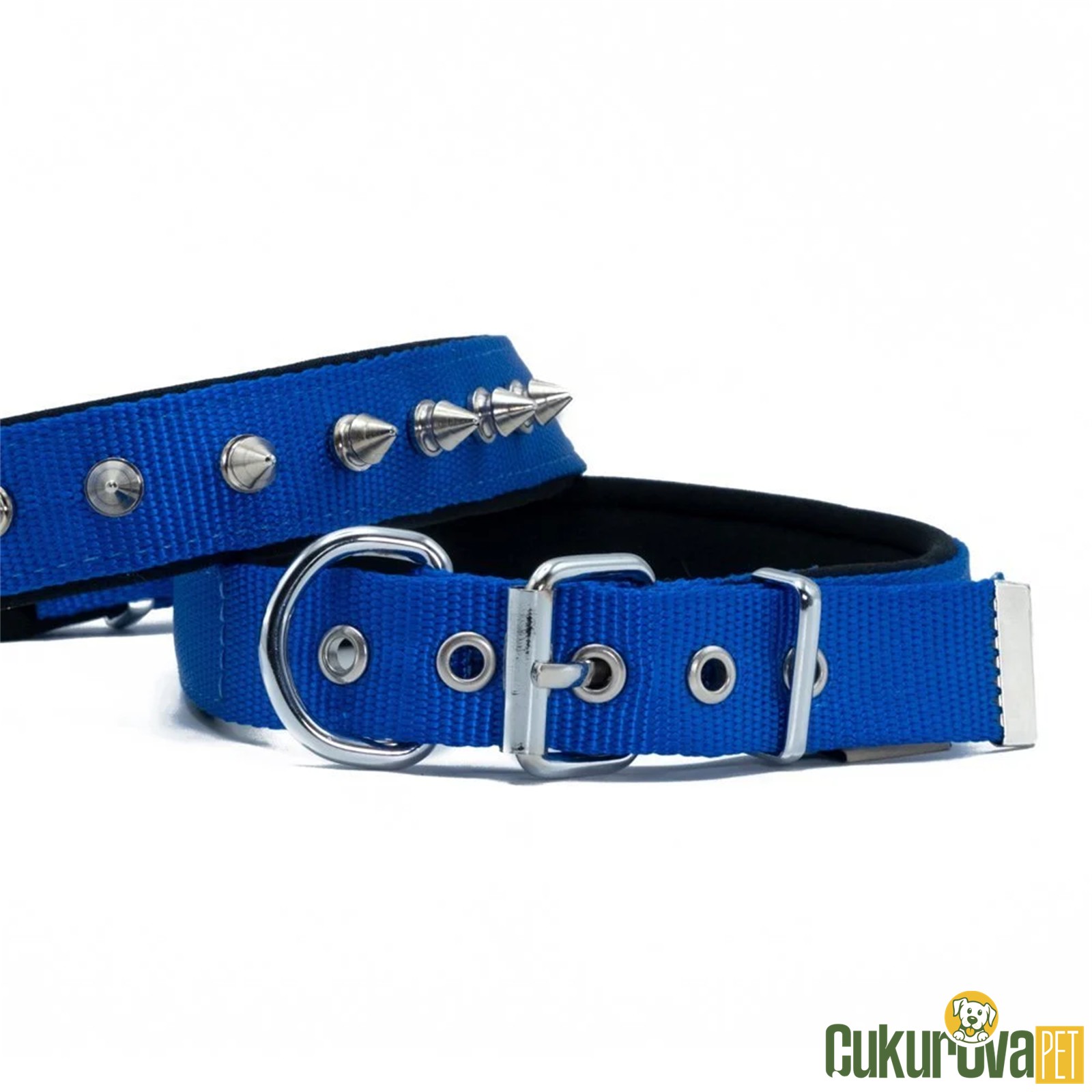 Doggie Konforlu Dokumadan El Yapımı Çivili Köpek Boyun Tasması M - 2.5 x 37 - 45 Cm - Royal Mavi