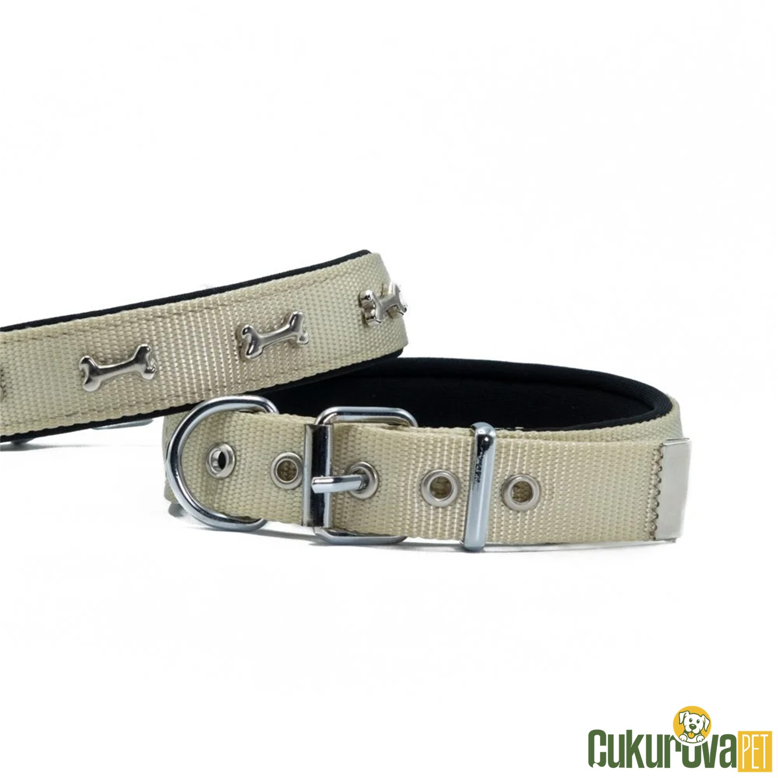 Doggie Konforlu Dokumadan Kemik Süslü Köpek Boyun Tasması L / 2.5 x 42 - 50 Cm / Haki