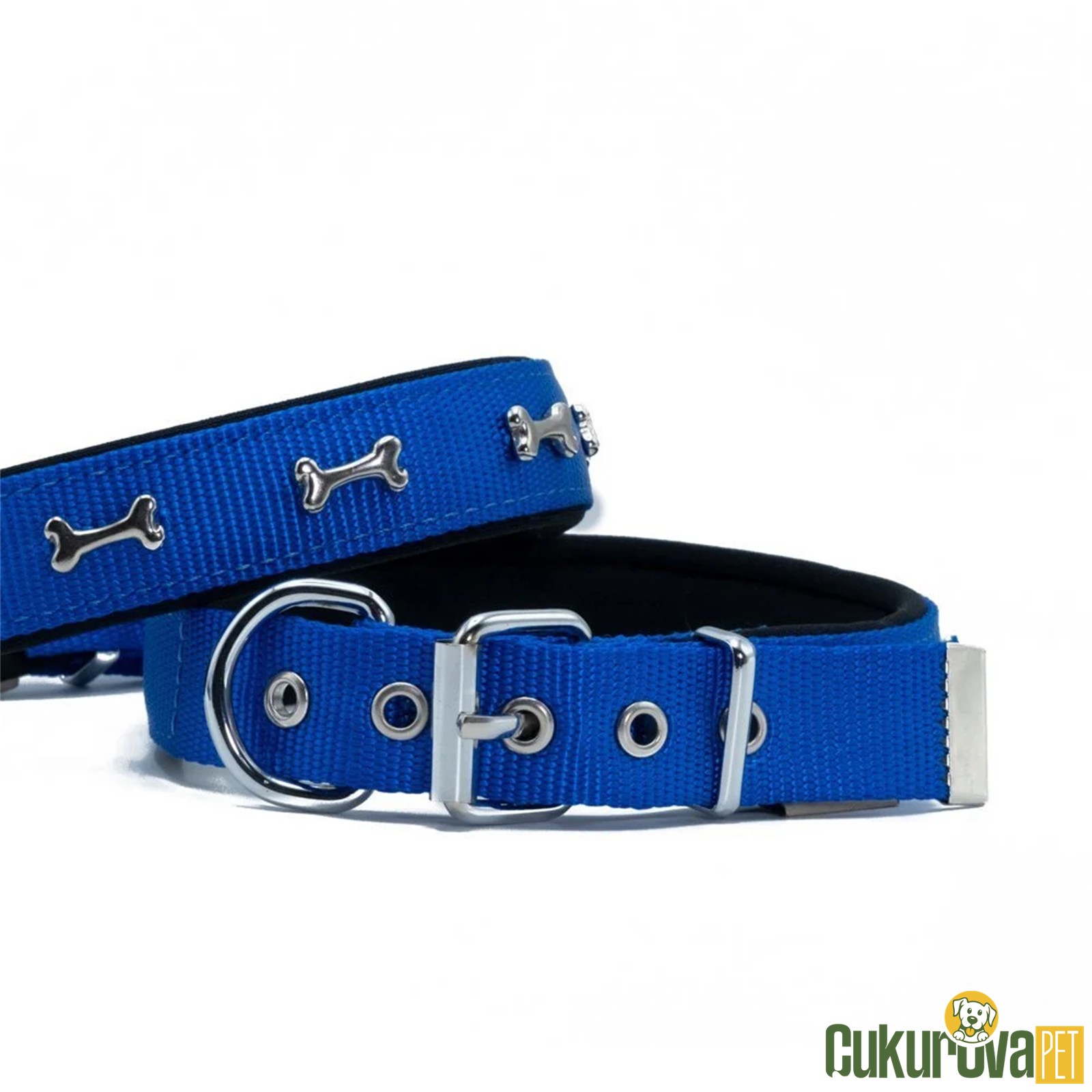 Doggie Konforlu Dokumadan El Yapımı Kemik Süslü Köpek Boyun Tasması 2 x 30 - 35 Cm - Royal Mavi