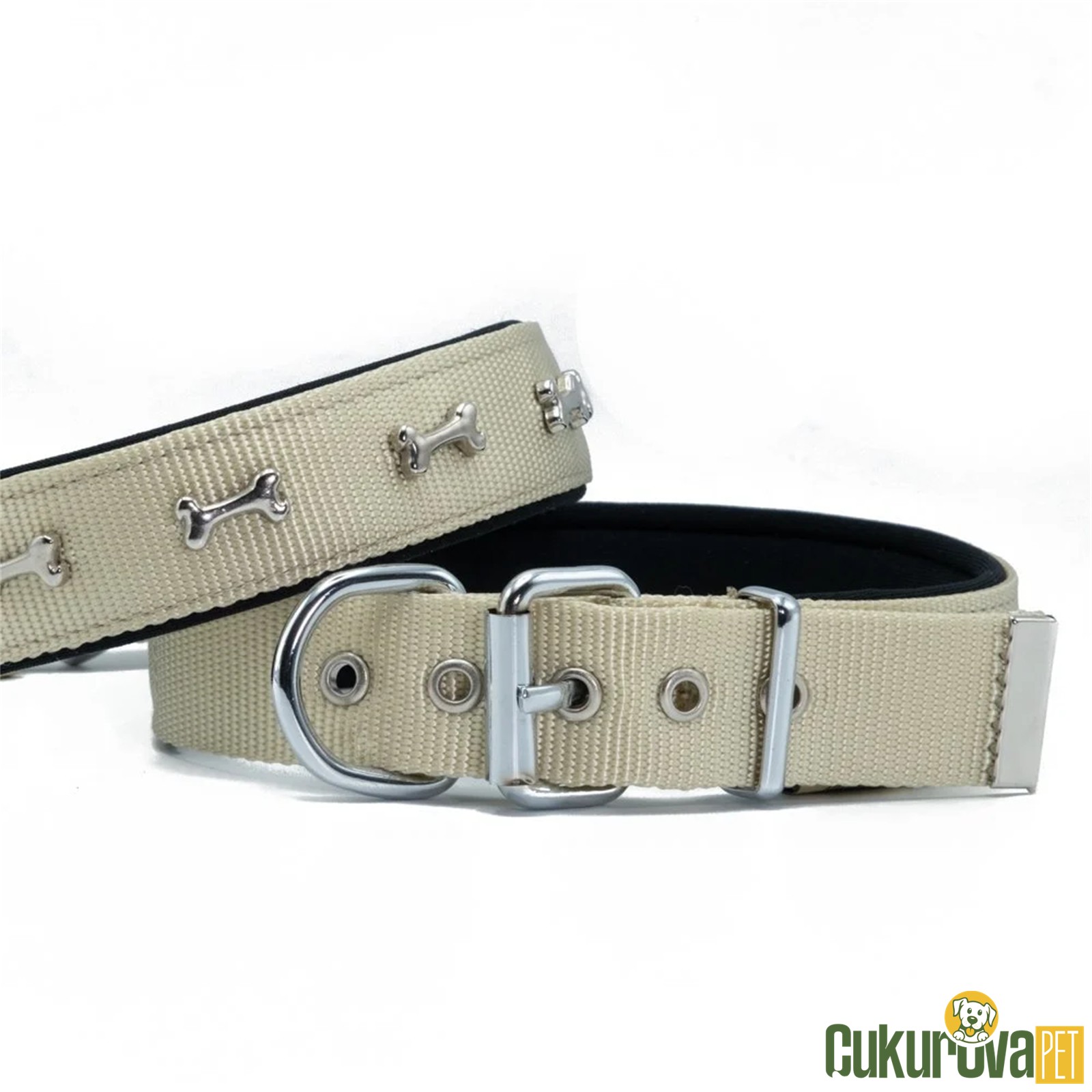 Doggie Konforlu Dokumadan El Yapımı Kemik Süslü Köpek Boyun Tasması M - 3 x 42 - 50 Cm - Haki