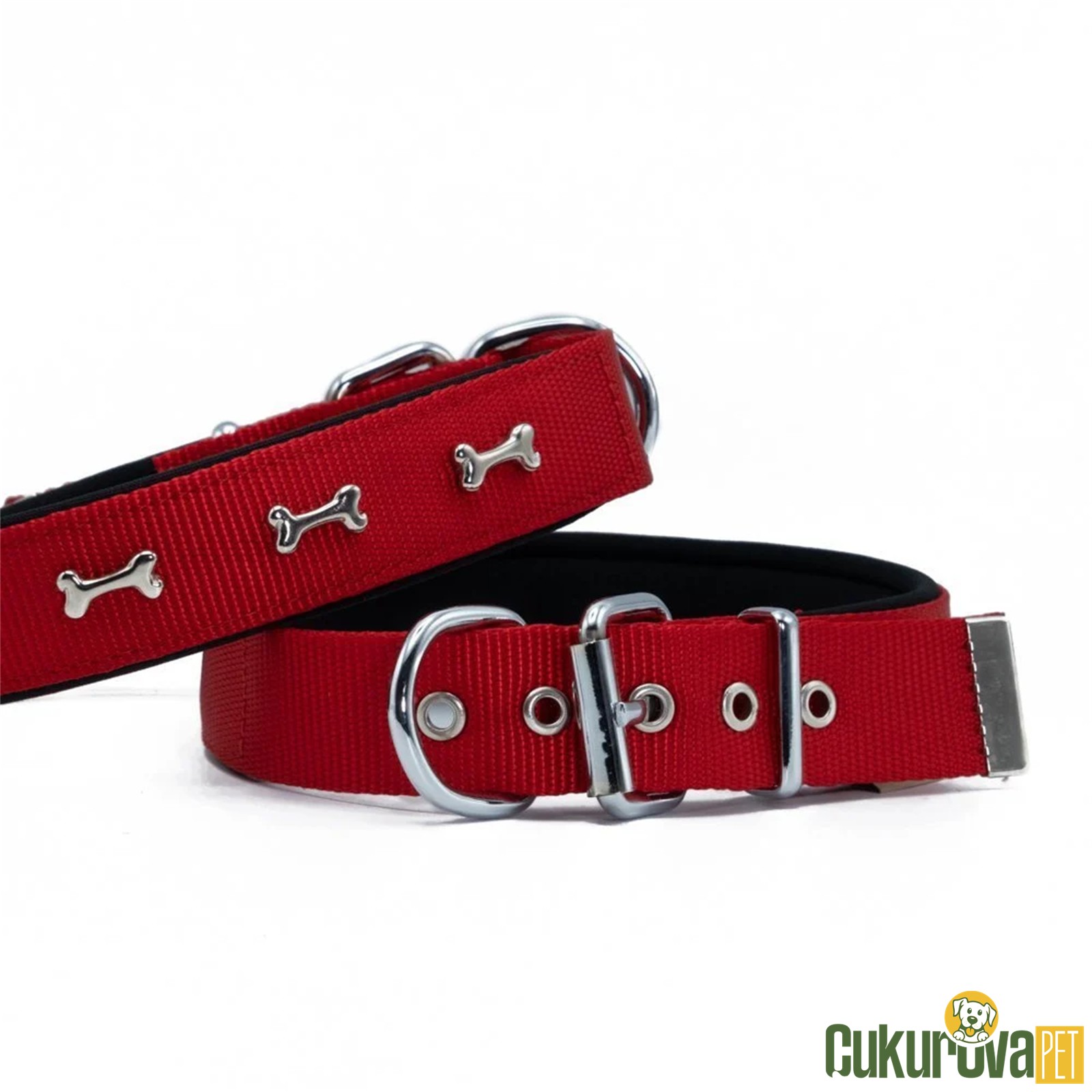 Doggie Konforlu Dokumadan El Yapımı Kemik Süslü Köpek Boyun Tasması L - 3 x 47 - 55 Cm - Kırmızı