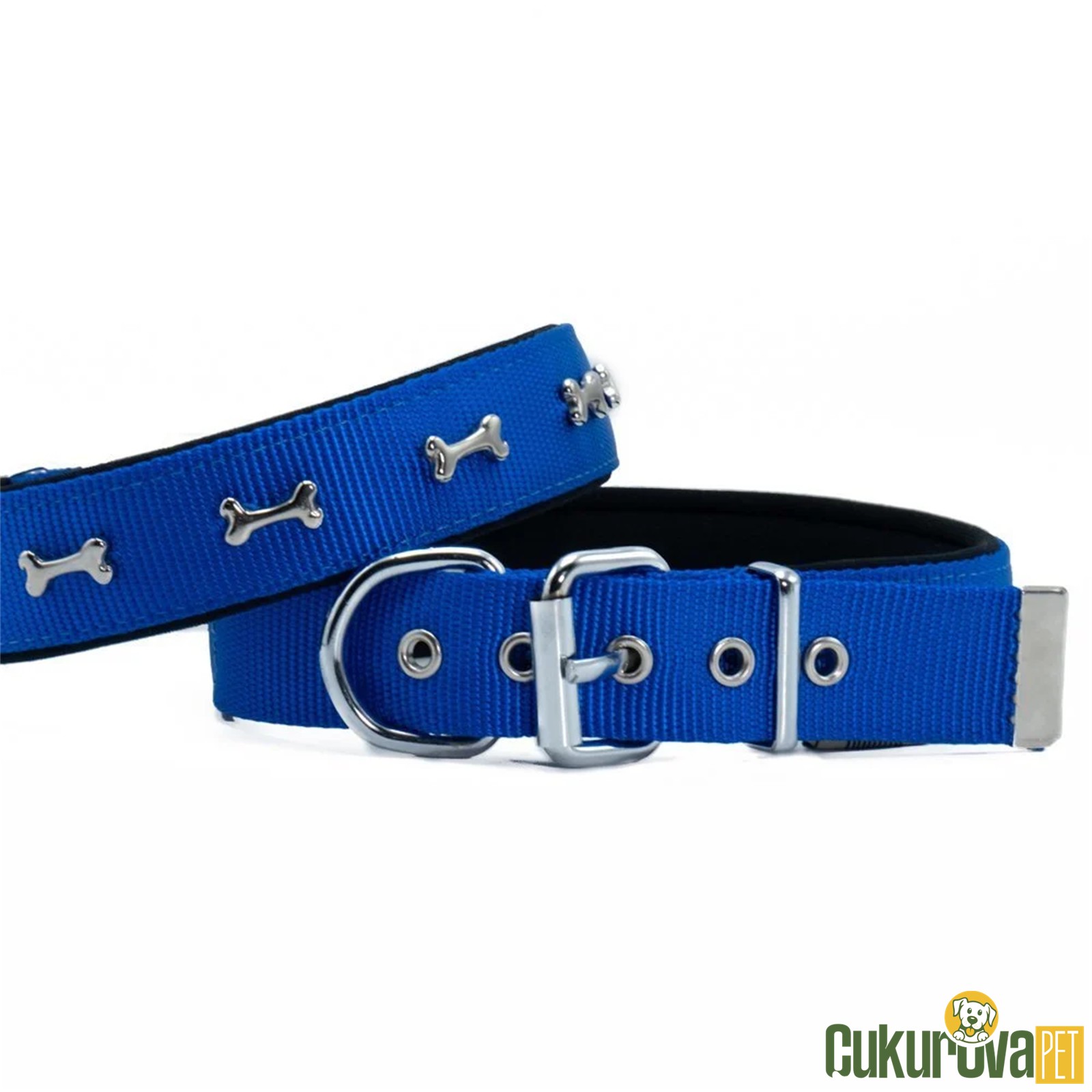 Doggie Konforlu Dokumadan El Yapımı Kemik Süslü Köpek Boyun Tasması L - 3 x 47 - 55 Cm - Royal Mavi