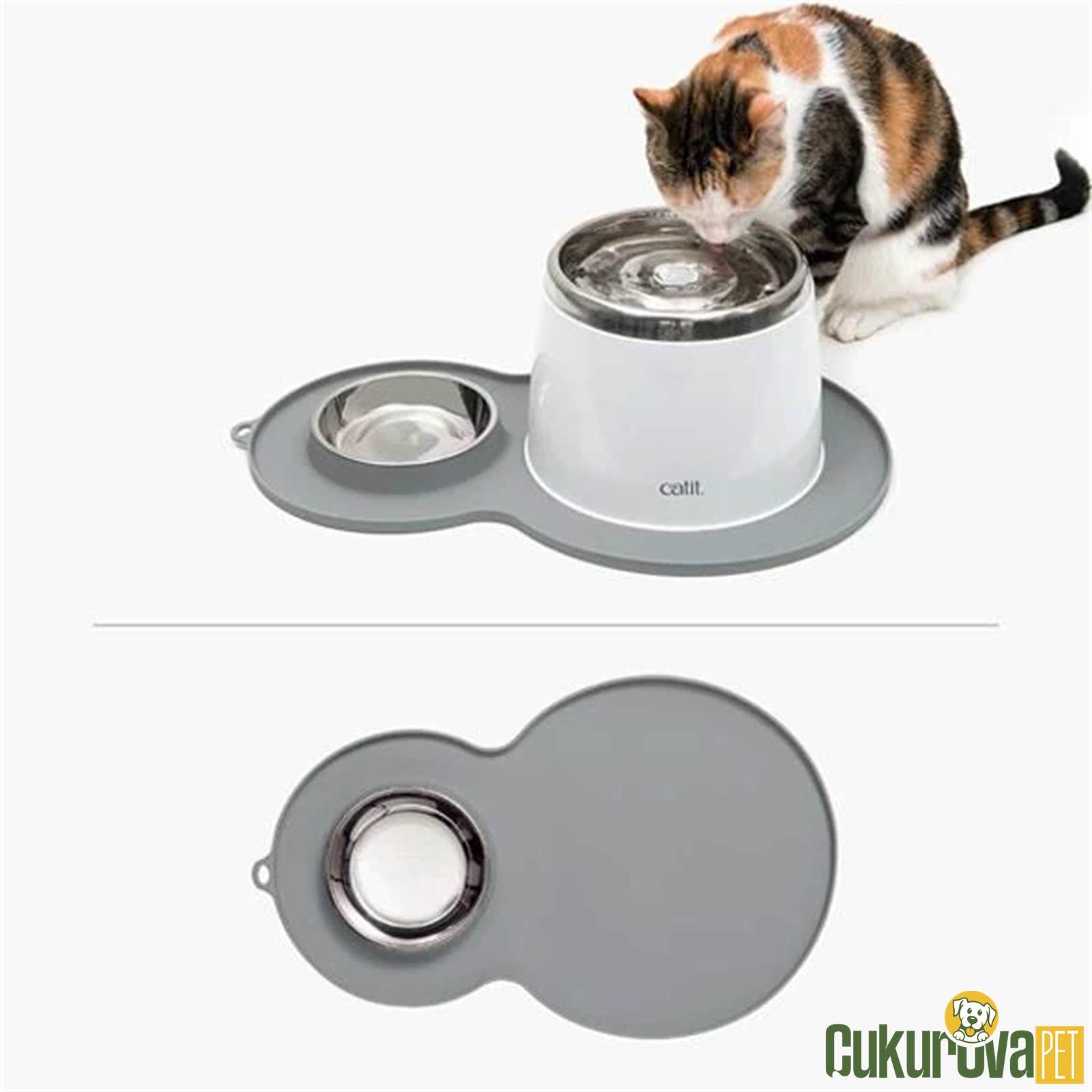 Catit Kedi & Köpek Suluk Ve Mamalık Altlığı Çelik Mama Kabı İle Birlikte M - Gri