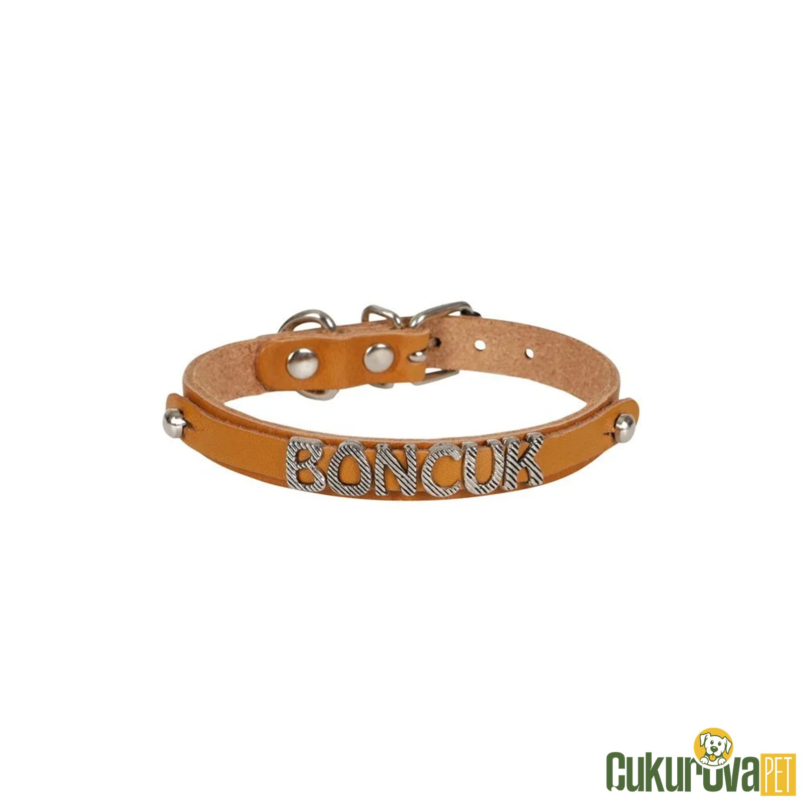 Cattie Gerçek Deriden El Yapımı İsimlikli Kedi Boyun Tasması L - 1.2 Mm x 25 - 29 Cm - Kamel