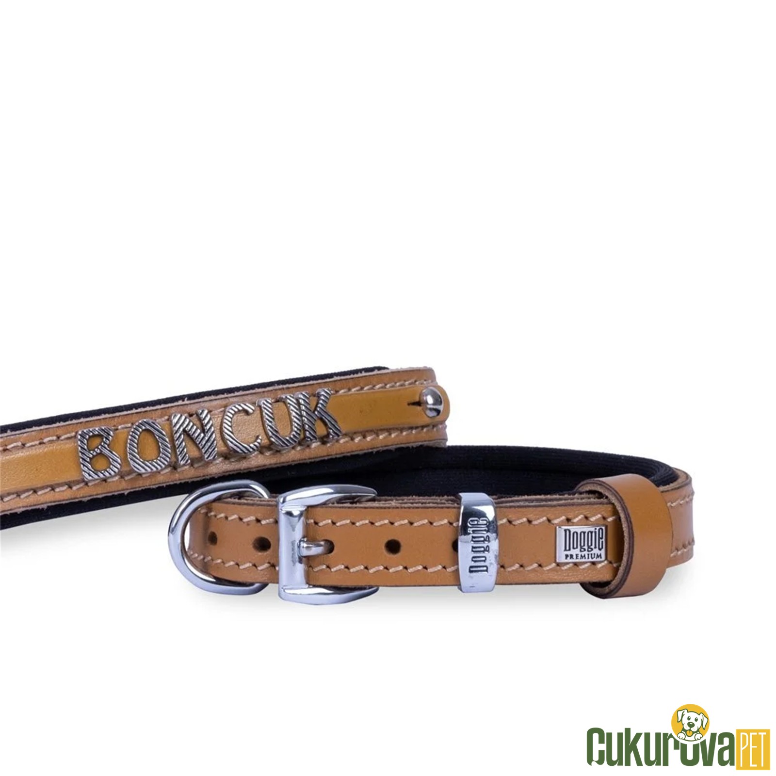 Doggie Konforlu Gerçek Deriden El Yapımı İsimlikli Köpek Boyun Tasması M - 1.5 x 25 - 30 Cm - Kamel