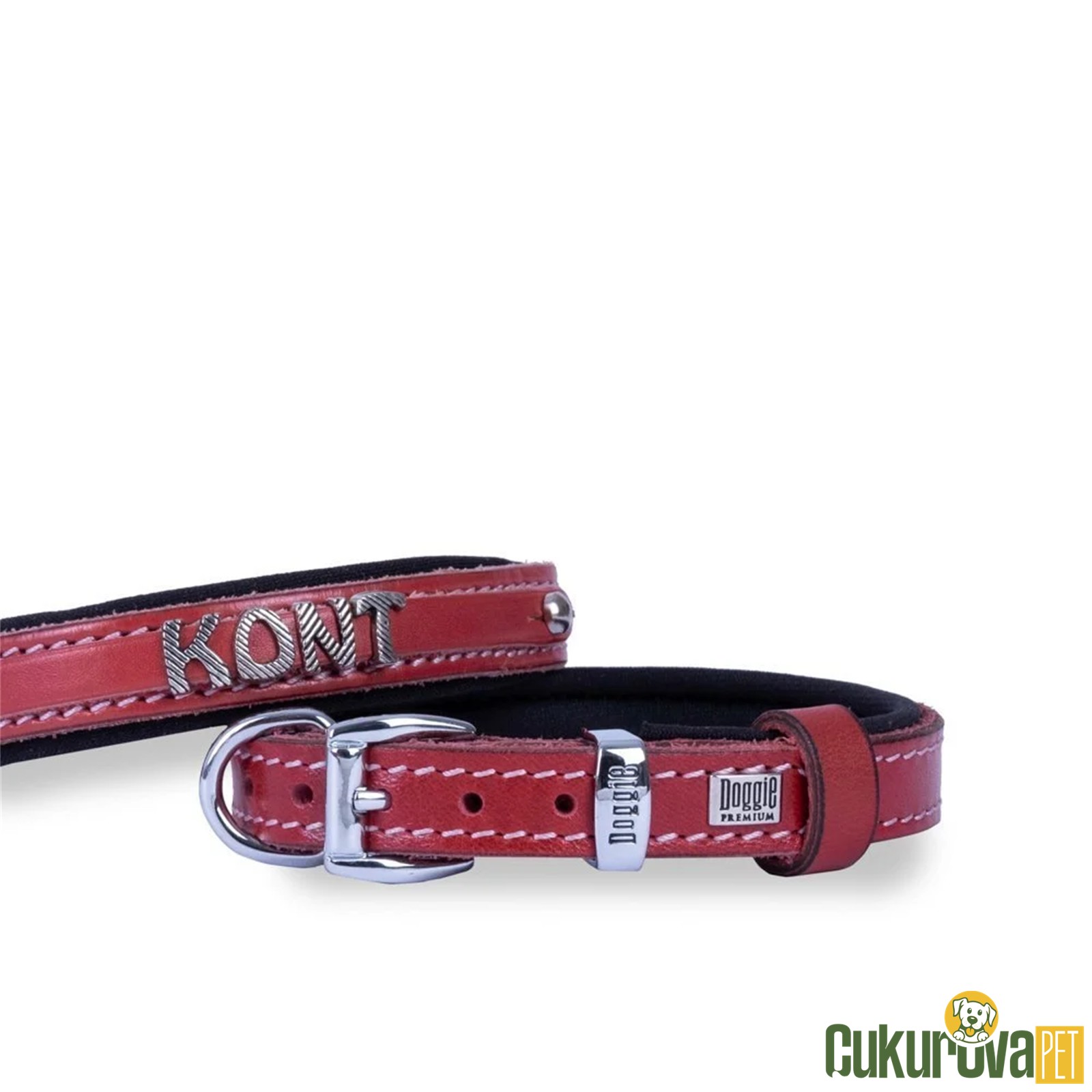 Doggie Konforlu Gerçek Deriden El Yapımı İsimlikli Köpek Boyun Tasması - S - 2 x 30 - 35 Cm - Kırmızı