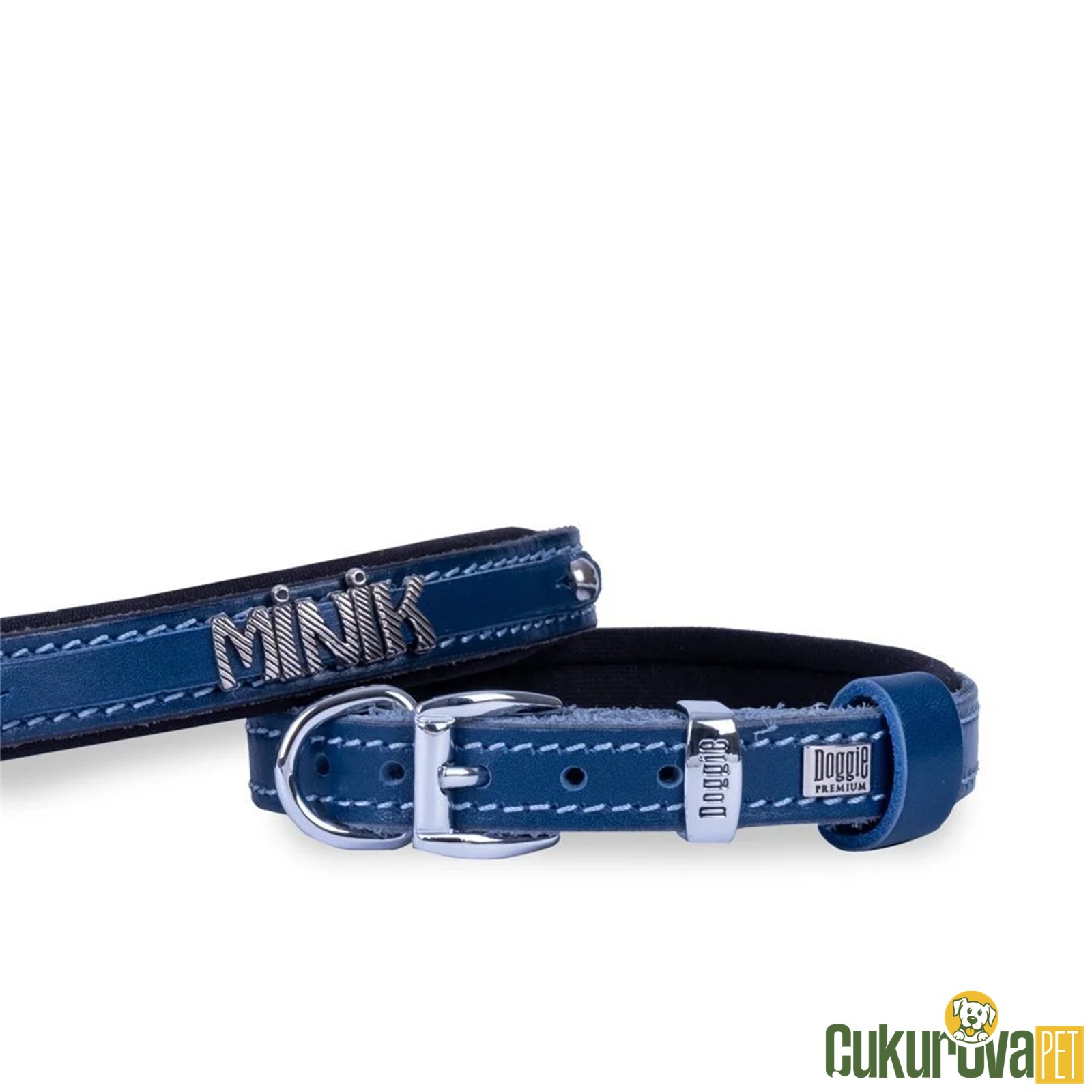 Doggie Konforlu Gerçek Deriden El Yapımı İsimlikli Köpek Boyun Tasması S - 2 x 30 - 35 Cm - Royal Mavi