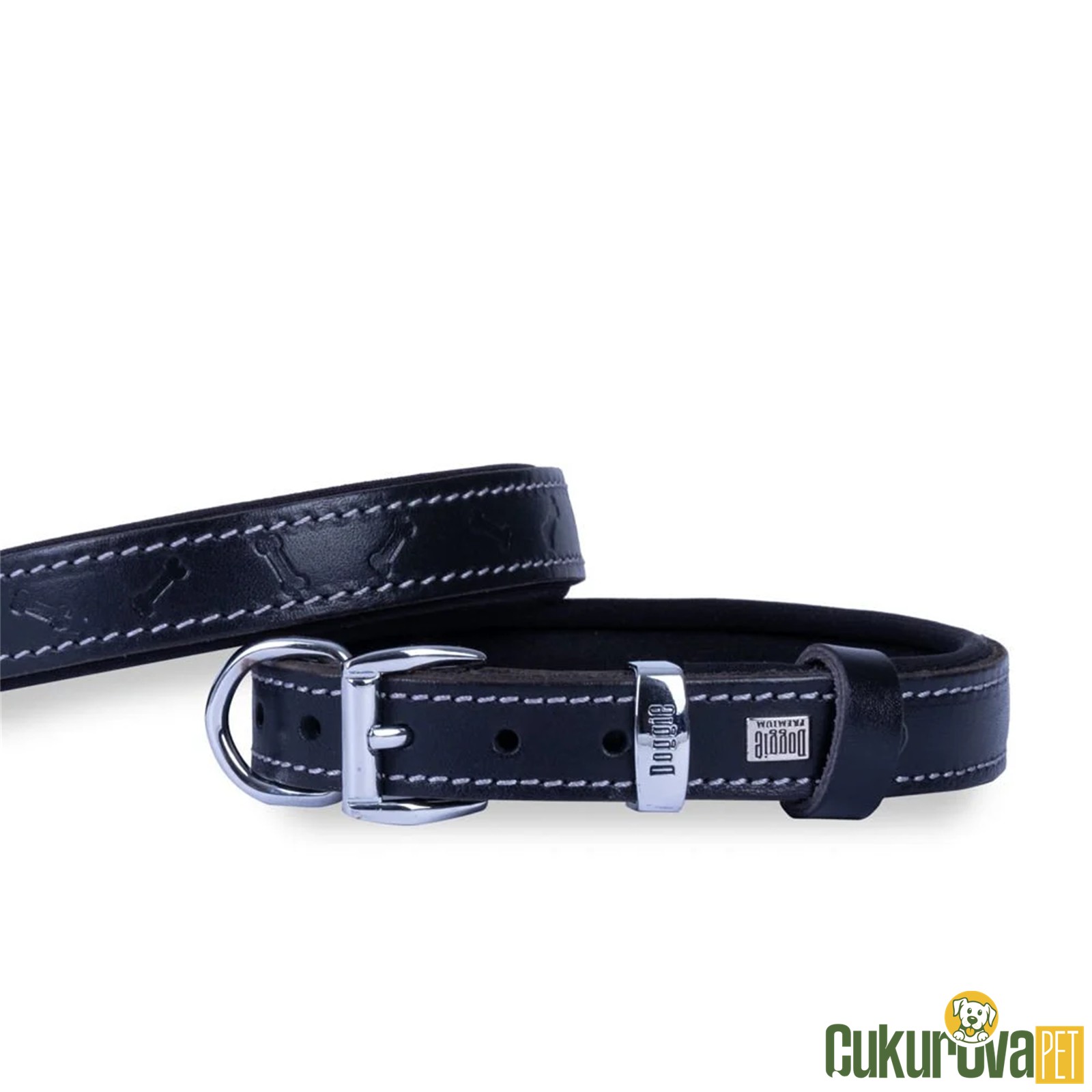 Doggie Konforlu Gerçek Deriden El Yapımı Kemik Desenli Köpek Boyun Tasması M - 2 x 30 - 35 Cm - Siyah