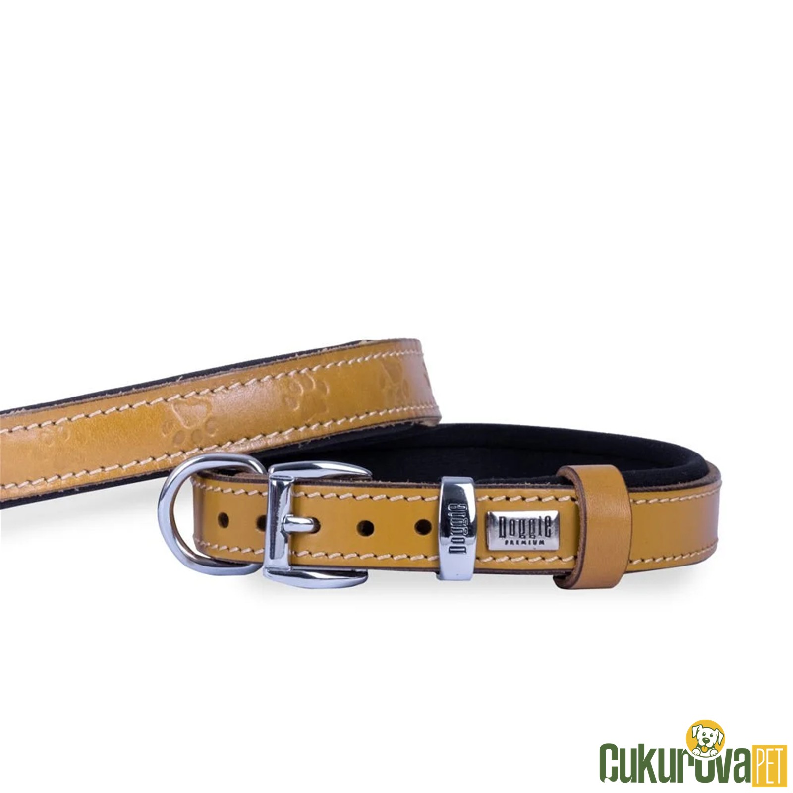 Doggie Konforlu Gerçek Deriden El Yapımı Pati Desenli Köpek Boyun Tasması S - 2 x 30 - 35 Cm - Kamel