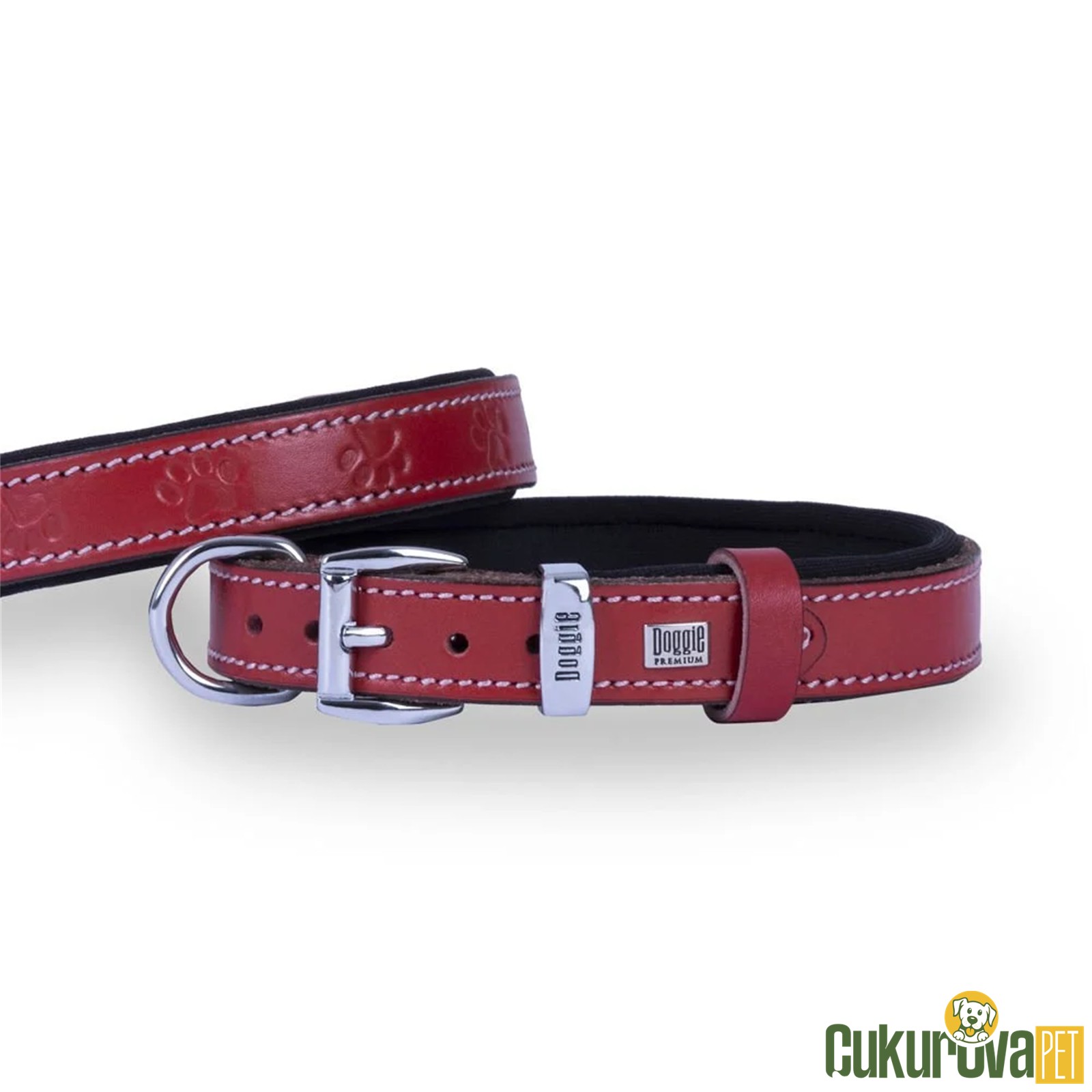 Doggie Konforlu Gerçek Deriden El Yapımı Pati Desenli Köpek Boyun Tasması M - 2 x 35 - 40 Cm - Kirmizi