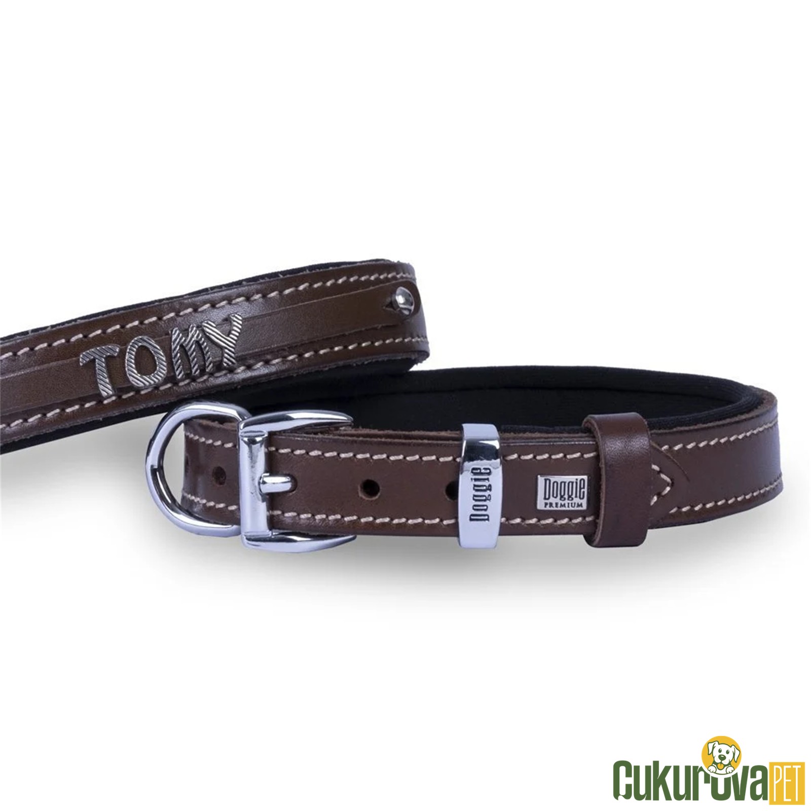 Doggie Konforlu Gerçek Deriden El Yapımı İsimlikli Köpek Boyun Tasması M - 2.5 x 37 - 45 Cm - Kahverengi