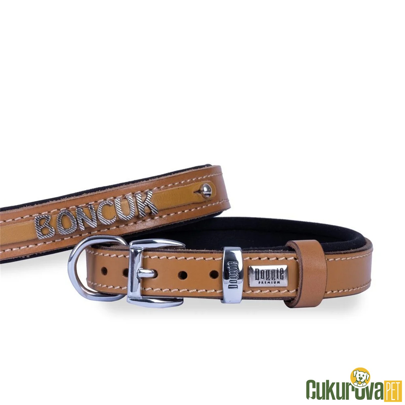 Doggie Konforlu Gerçek Deriden El Yapımı İsimlikli Köpek Boyun Tasması M - 2.5 x 37 - 45 Cm - Kamel