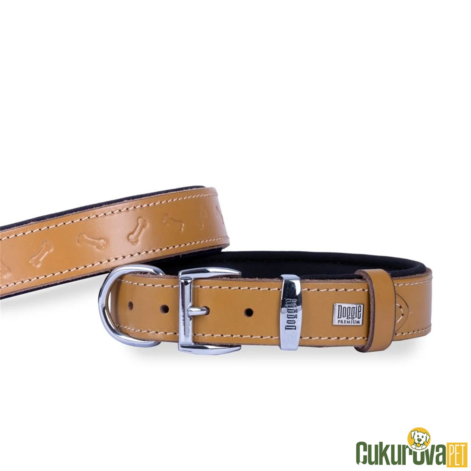 Doggie Konforlu Gerçek Deri̇den El Yapimi Kemi̇k Desenli̇ Köpek Boyun Tasması M - 2.5 x 37 - 45 Cm - Kamel