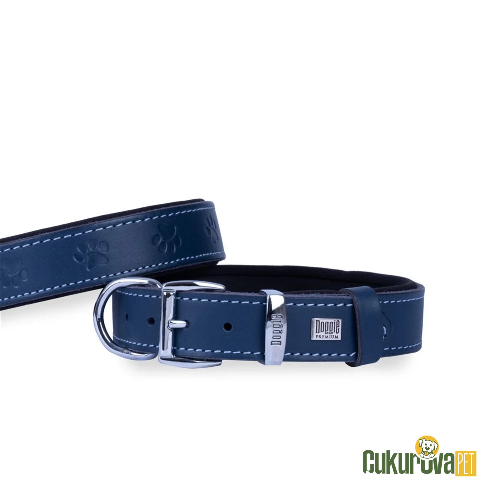 Doggie Konforlu Gerçek Deriden El Yapımı Pati Desenli Köpek Boyun Tasması M - 2.5 x 37 - 45 Cm - Royal Mavi