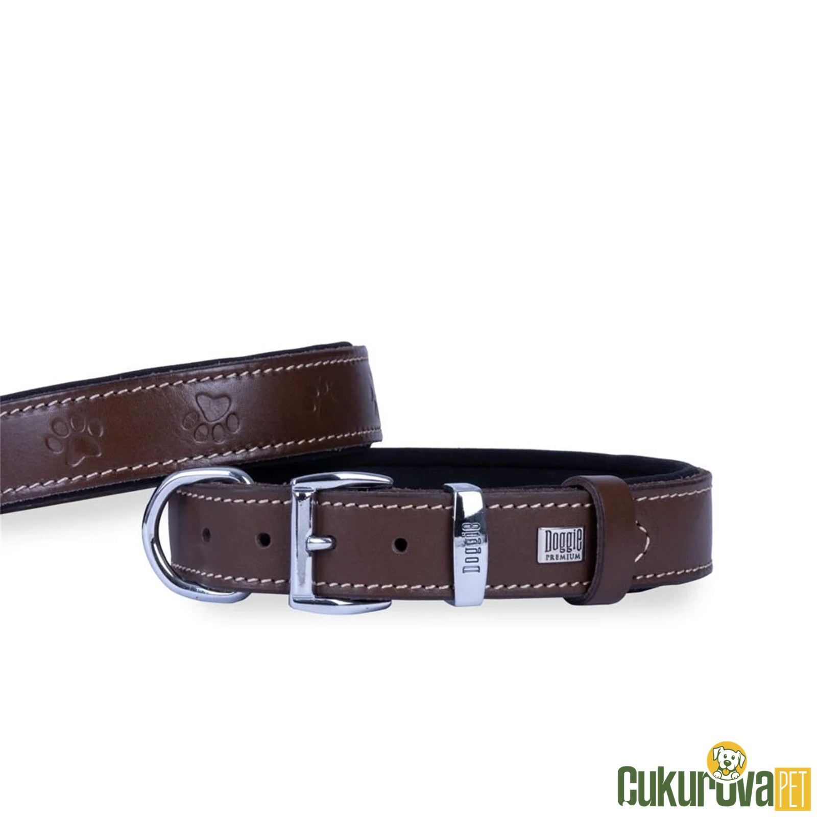 Doggie Konforli Gerçek Deriden El Yapımı Pati Desenli Köpek Boyun Tasması M - 3 x 42 - 50 Cm - Kahverengi