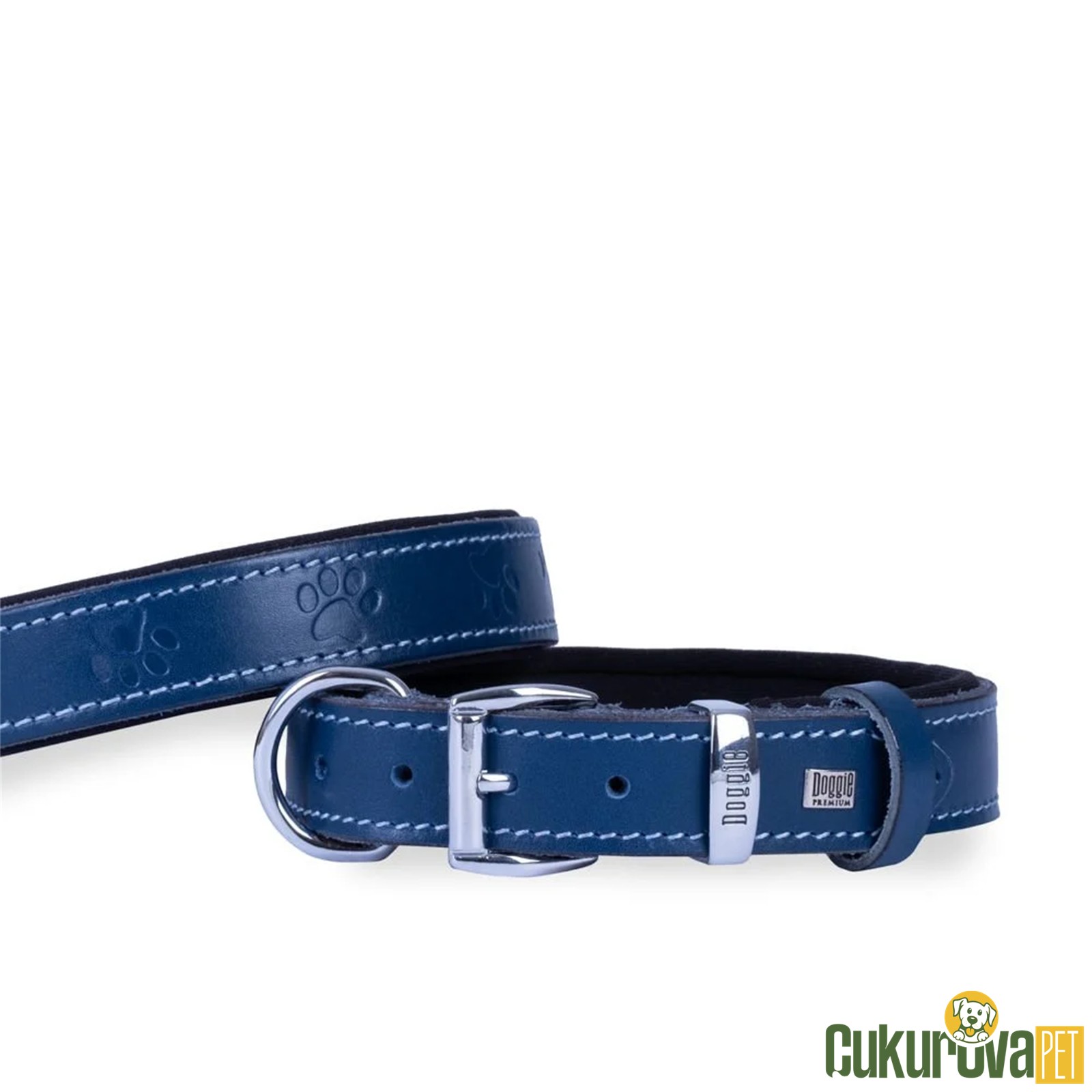 Doggie Konforlu Gerçek Deriden El Yapımı Pati Desenli Köpek Boyun Tasması M - 3 x 42 - 50 Cm - Royal Mavi