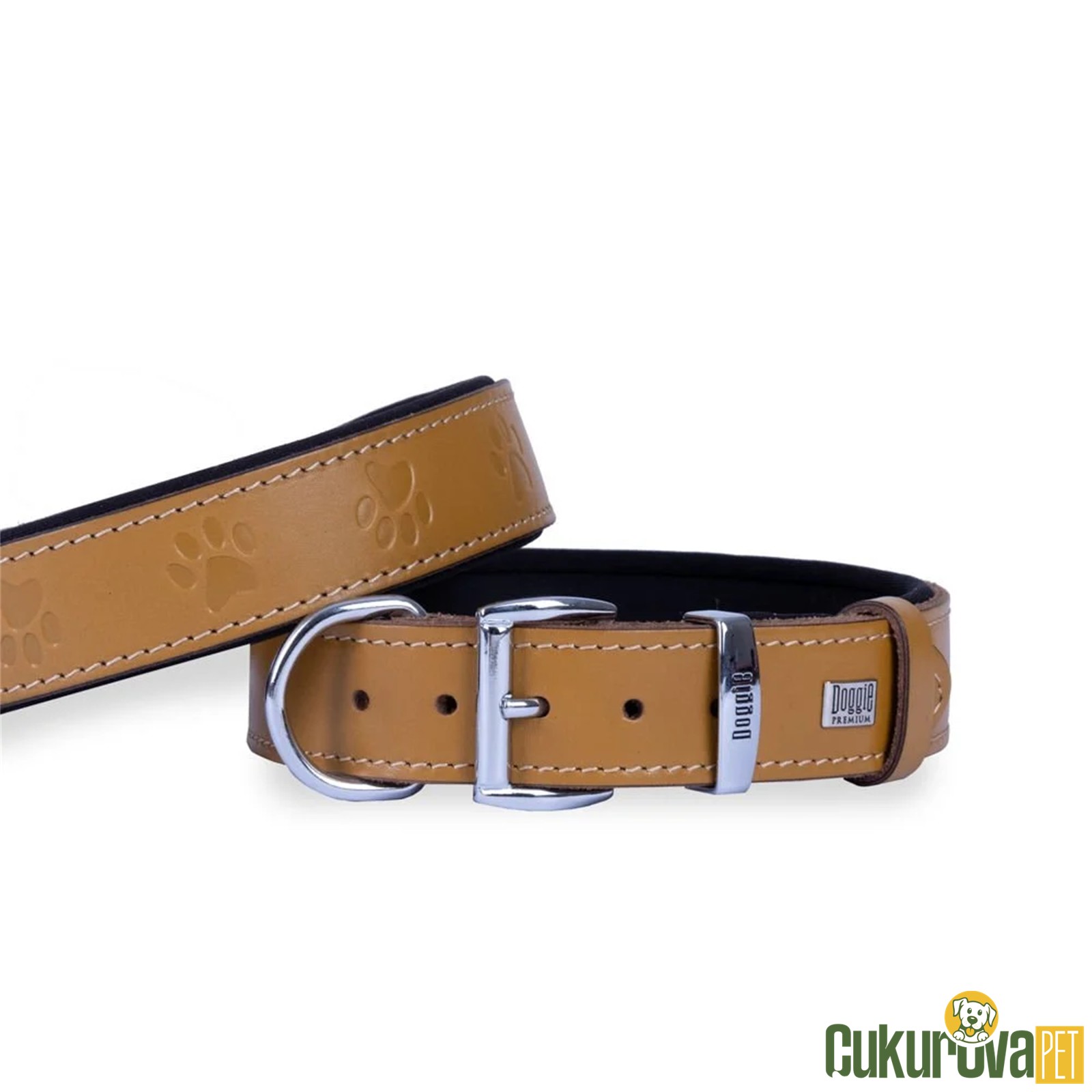 Doggie Konforlu Gerçek Deriden El Yapımı Pati Desenli Köpek Boyun Tasması L - 3.5 x 52 - 60 Cm - Kamel