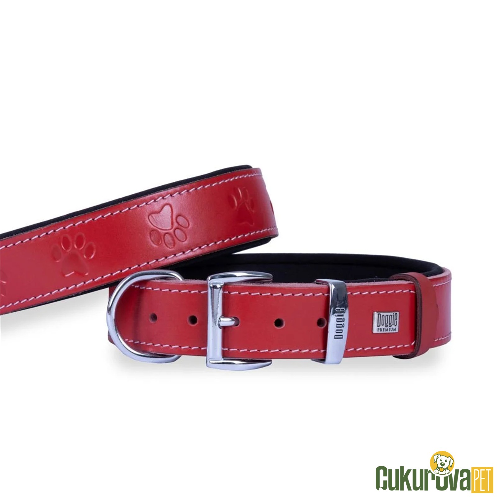 Doggie Konforlu Gerçek Deriden El Yapimi Pati Desenli Köpek Boyun Tasması 3.5 x 47 - 55 Cm - Red