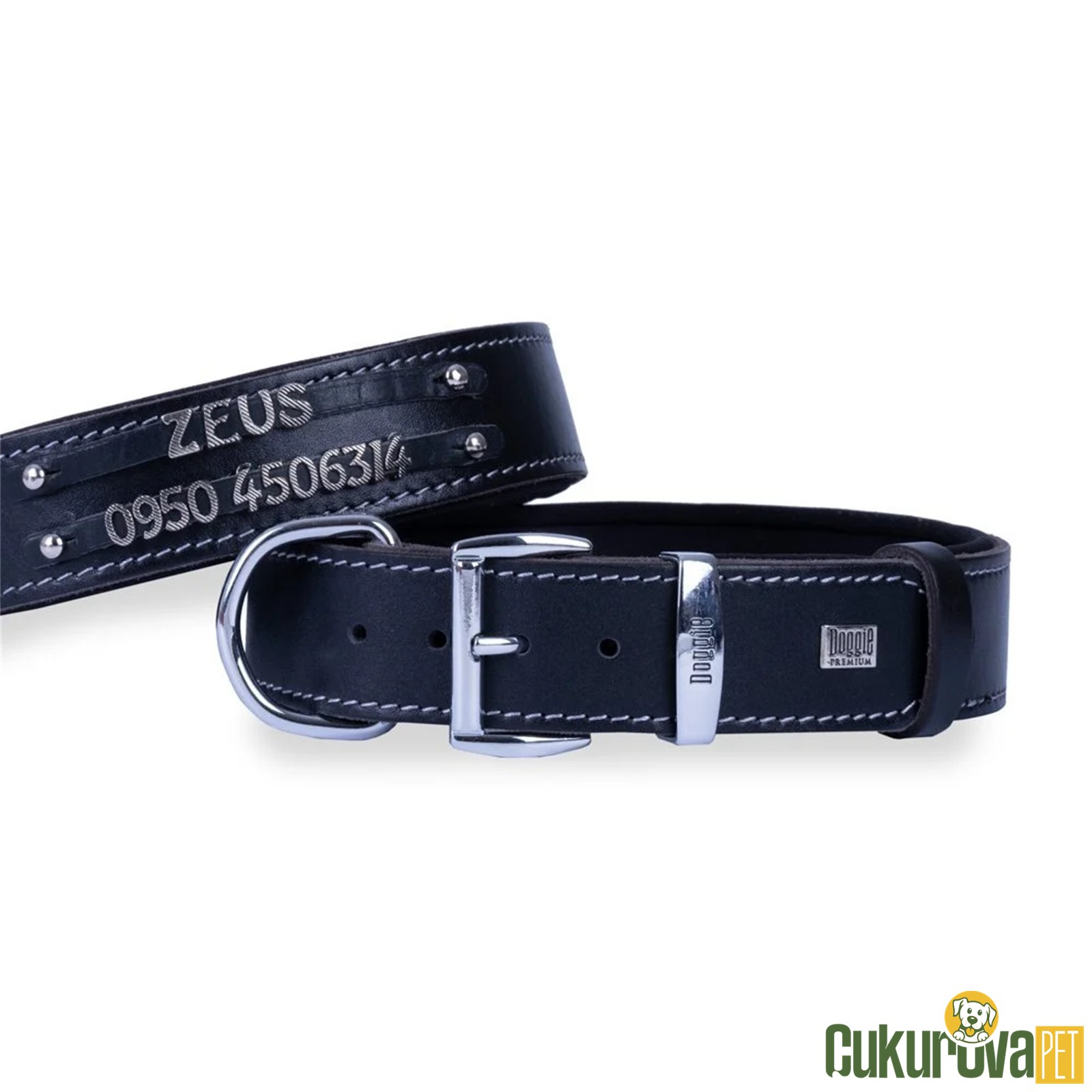 Doggie Konforlu Gerçek Deriden El Yapımı Çift İsimlikli Köpek Boyun Tasması M - 3.5 x 47 - 55 Cm - Siyah