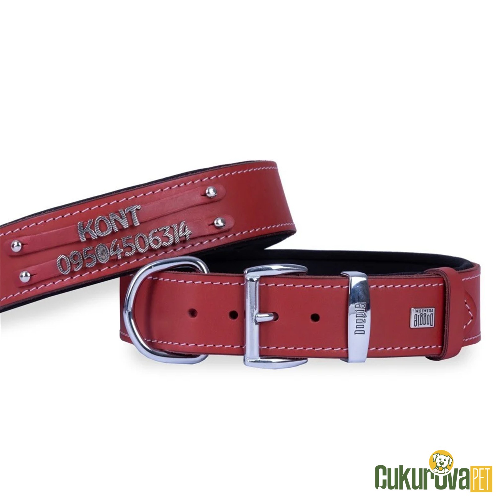Doggie Konforlu Gerçek Deriden El Yapımı Çift İsimlikli Köpek Boyun Tasması M - 3.5 x 47 - 55 Cm - Kırmızı