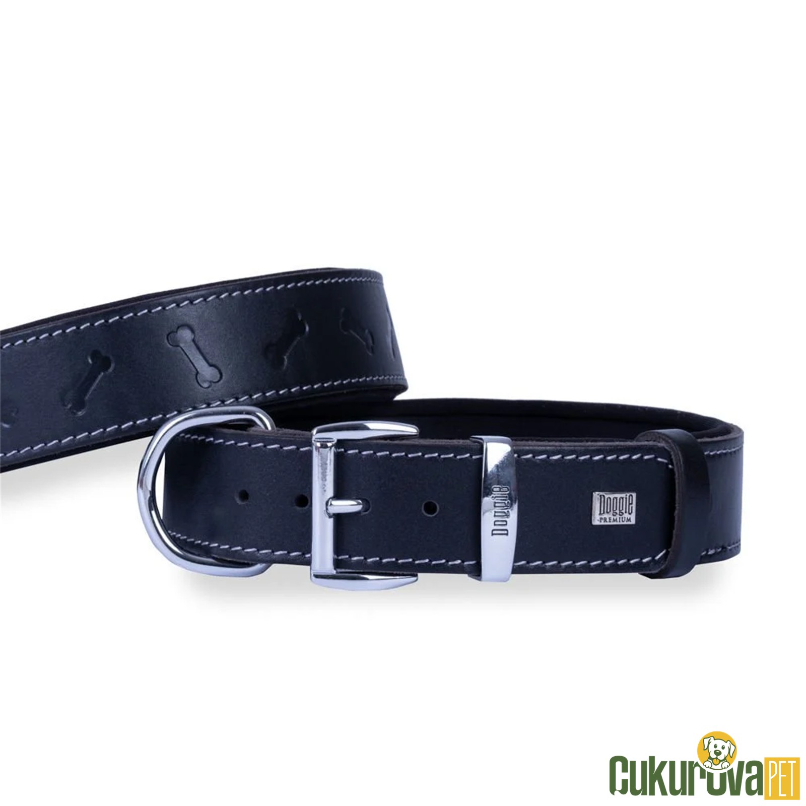 Doggie Konforlu Gerçek Deri̇den El Yapımı Kemi̇k Desenli̇ Köpek Boyun Tasması 3.5 x 52 - 60 Cm - Si̇yah