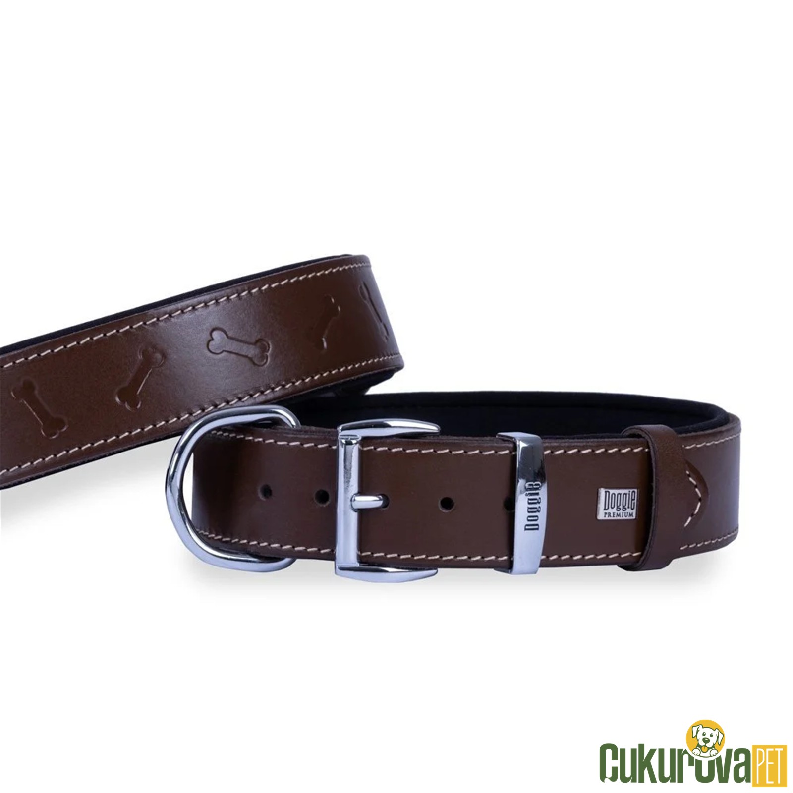 Doggie Konforlu Gerçek Deri̇den El Yapımı Kemi̇k Desenli̇ Köpek Boyun Tasması M - 3.5 x 47 - 55 Cm - Kahverengi̇