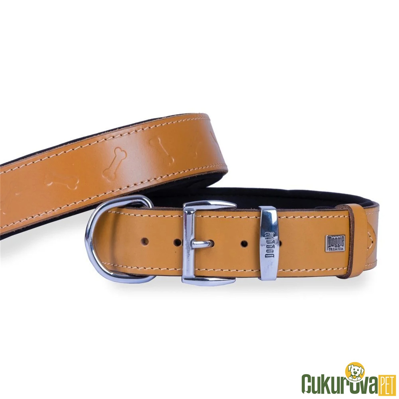 Doggie Konforlu Gerçek Deri̇den El Yapımı Kemi̇k Desenli̇ Köpek Boyun Tasması M - 3 x 42 - 50 Cm - Kamel